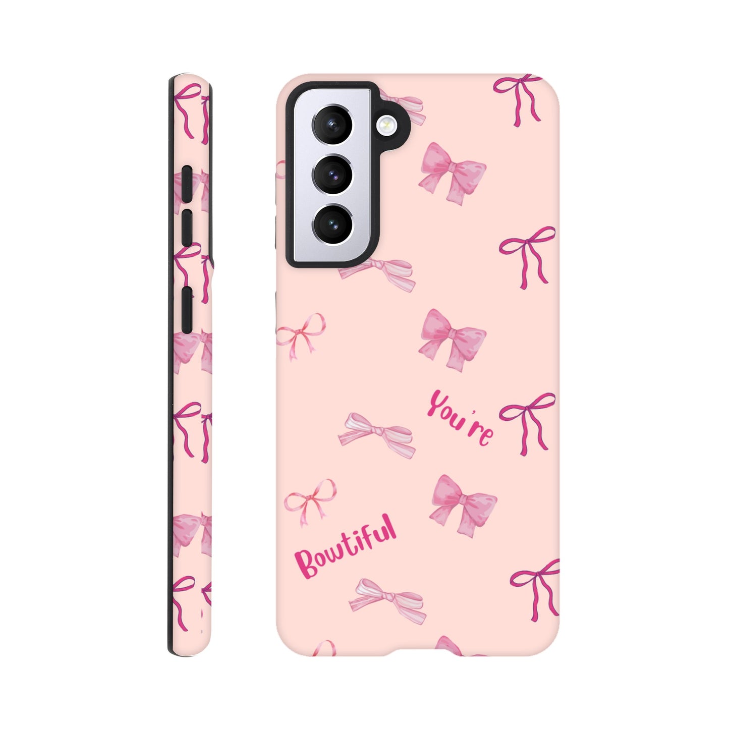 Bowtiful Bliss phone case back view with inspirational message and bow illustrations