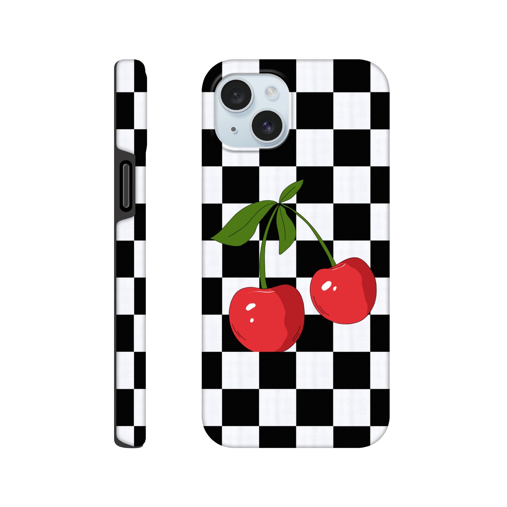 Cherry Checkmate phone case back view with playful cherry illustration