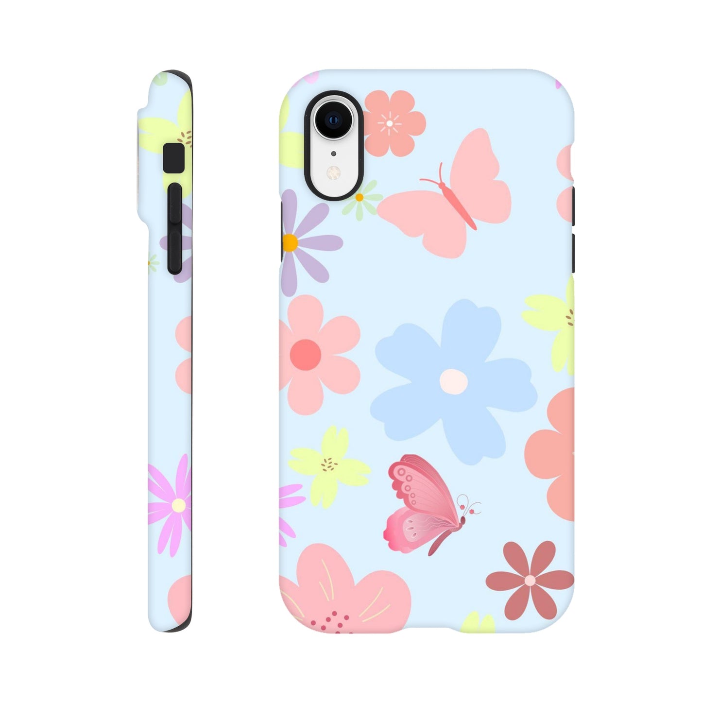 Butterfly Blossom phone case back view with colorful flower and butterfly illustrations