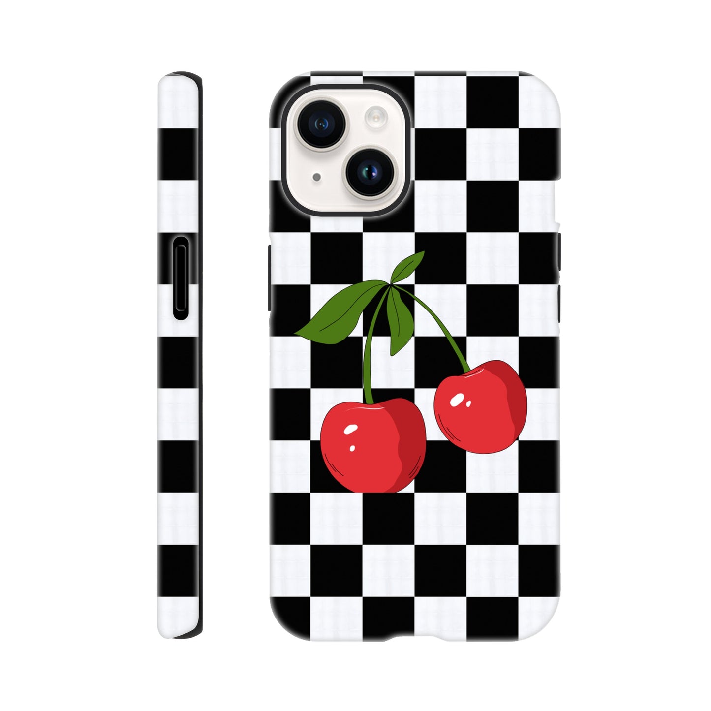 Cherry Checkmate phone case back view with playful cherry illustration