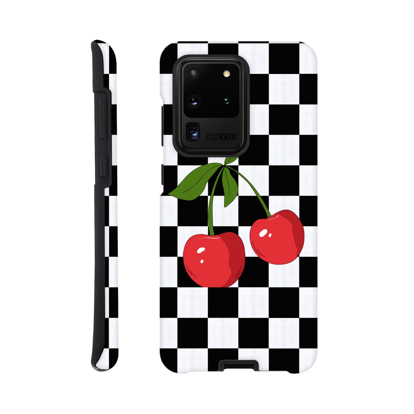 Cherry Checkmate tough case side view showcasing vibrant design