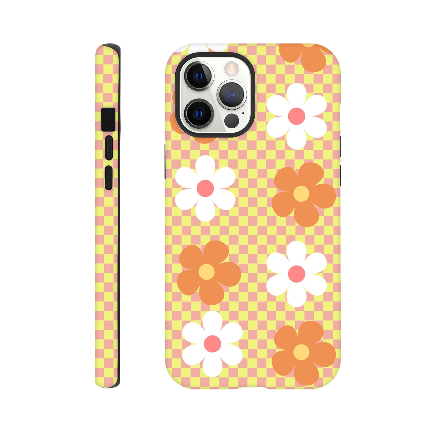 Blossom Blocks phone case back view with colorful flower pattern
