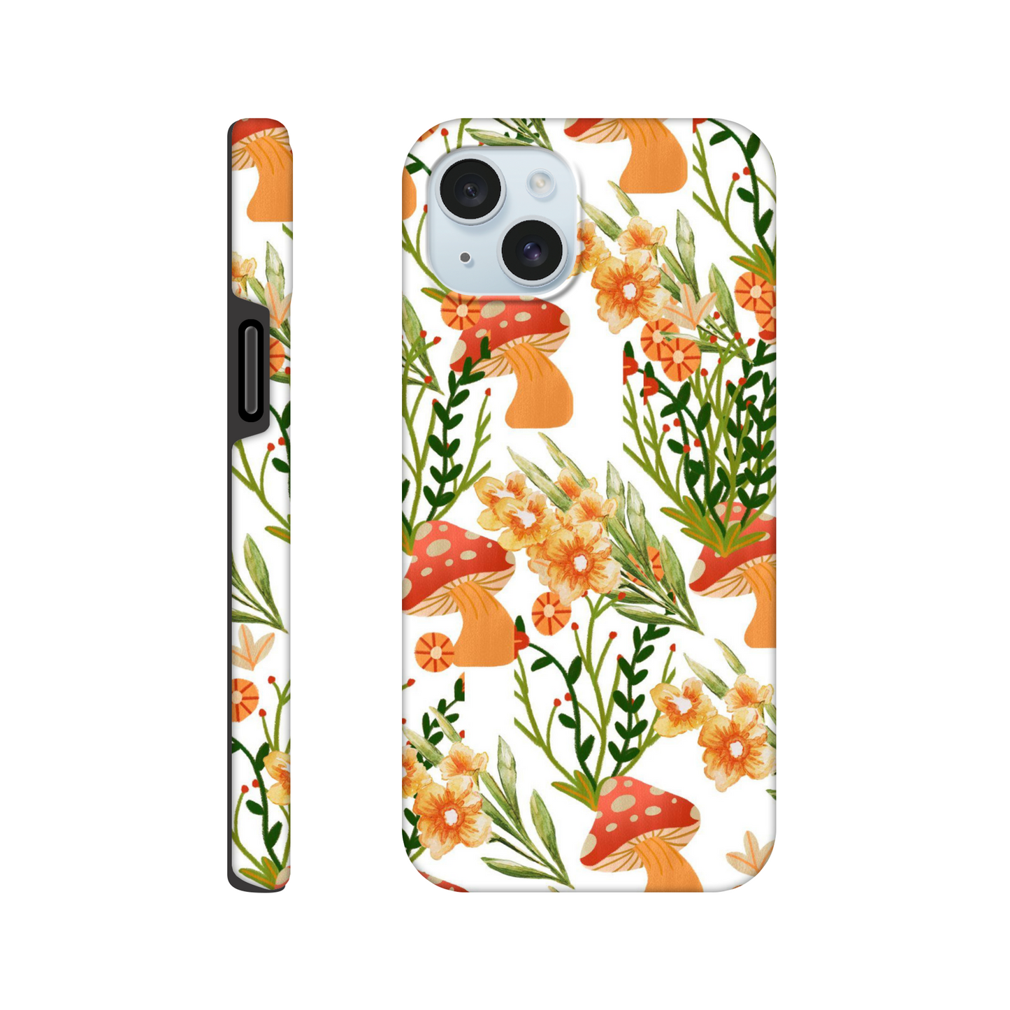 Ethereal Earth phone case with colorful floral and mushroom illustrations