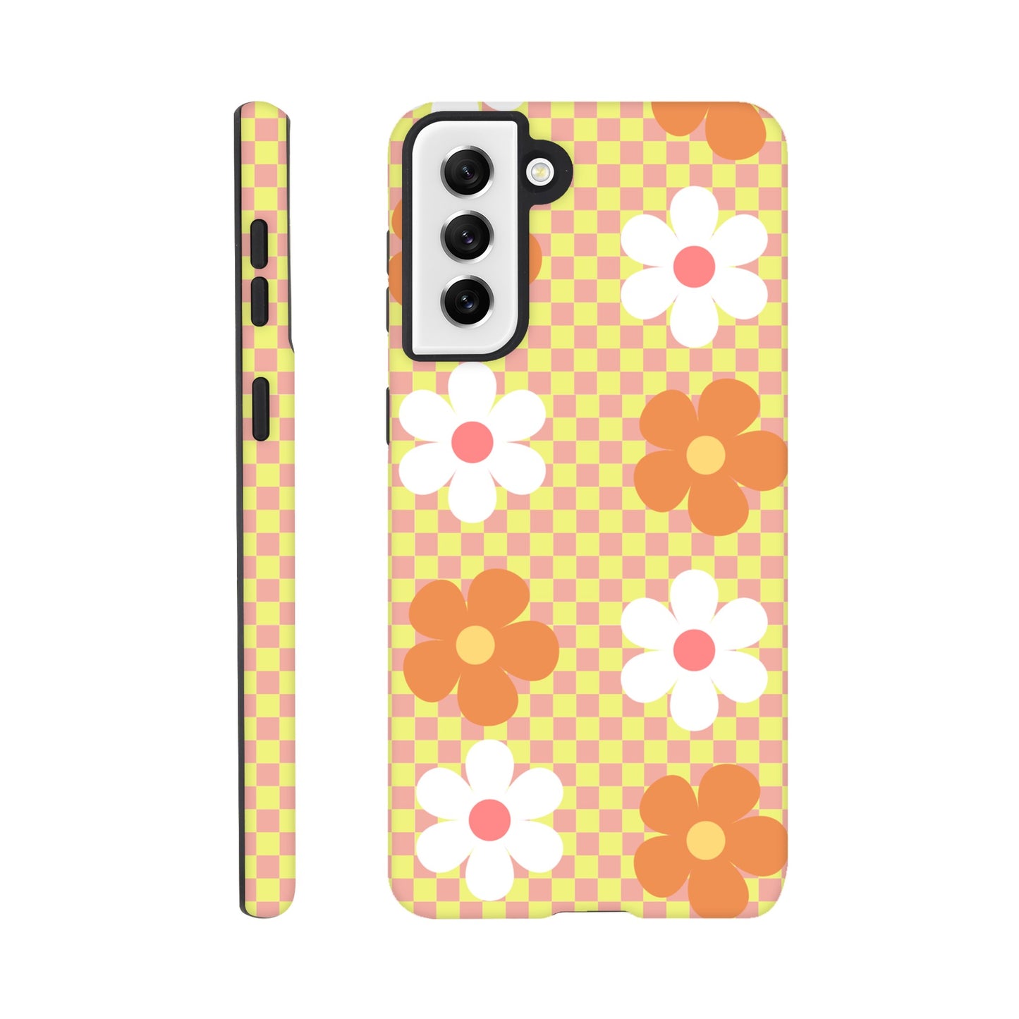 Blossom Blocks tough phone case with floral checkerboard pattern