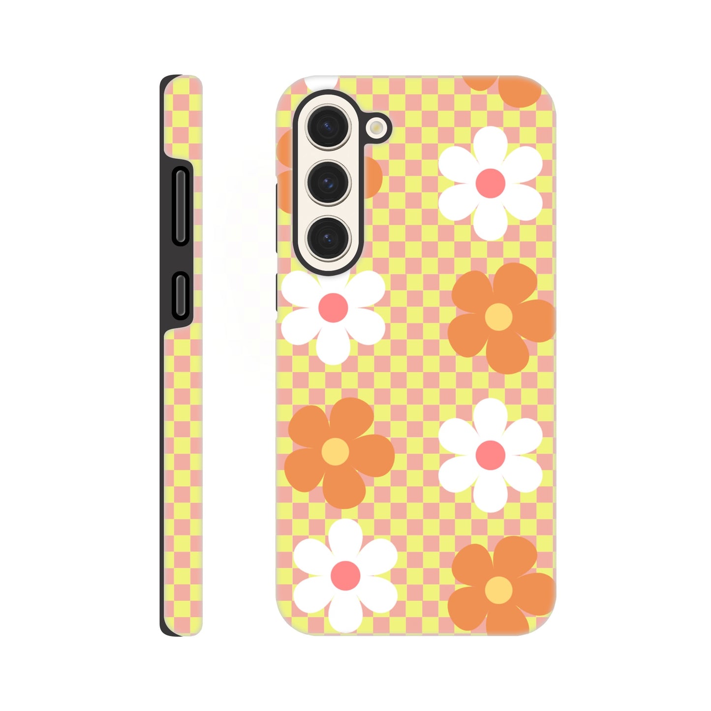 Blossom Blocks phone case back view with colorful flower pattern