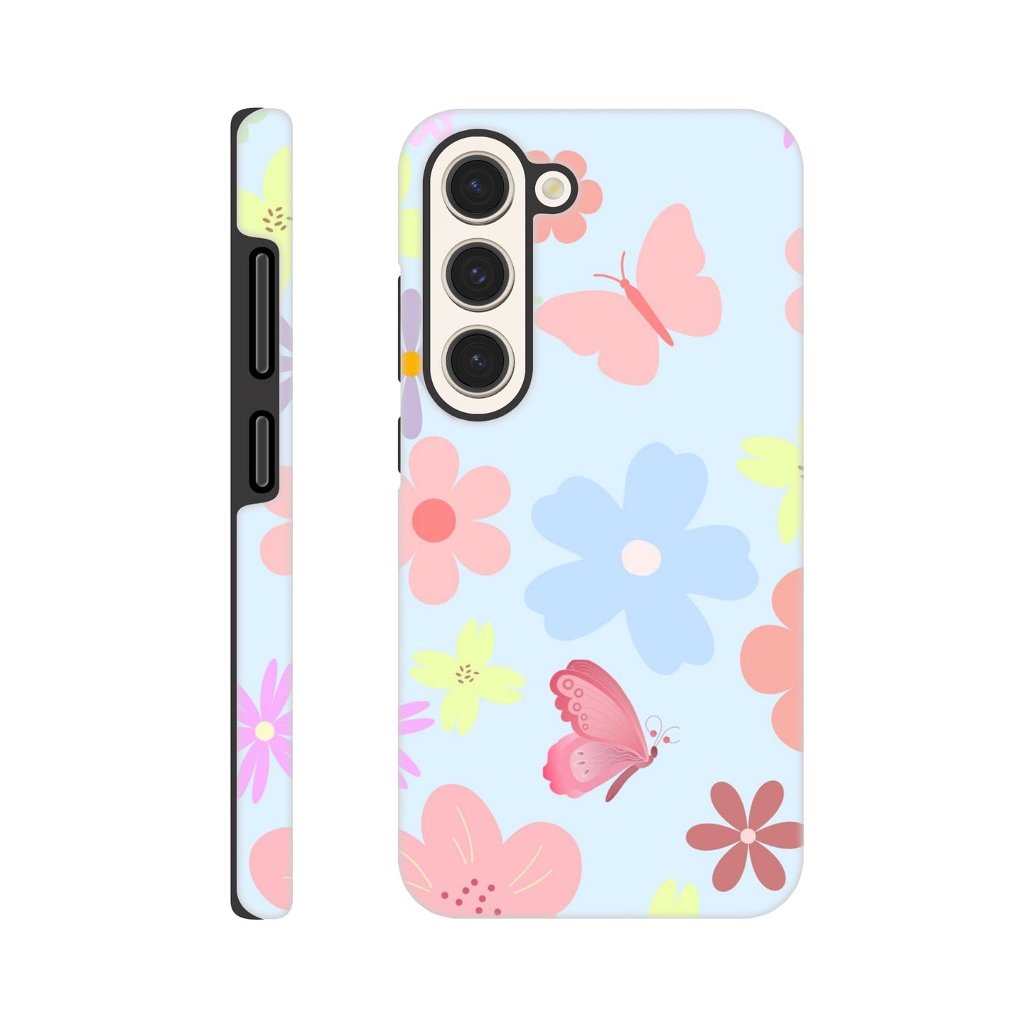 Butterfly Blossom phone case back view with colorful flower and butterfly illustrations