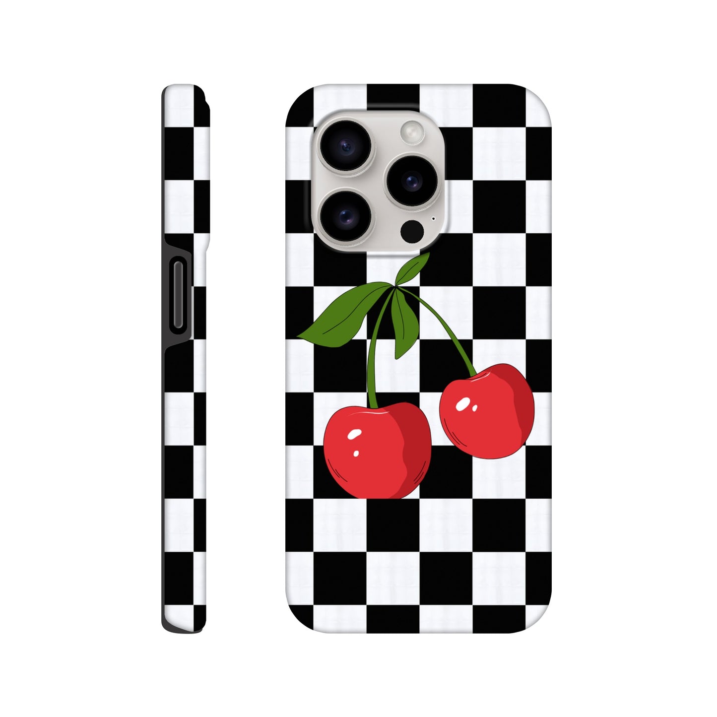 Cherry Checkmate phone case back view with playful cherry illustration