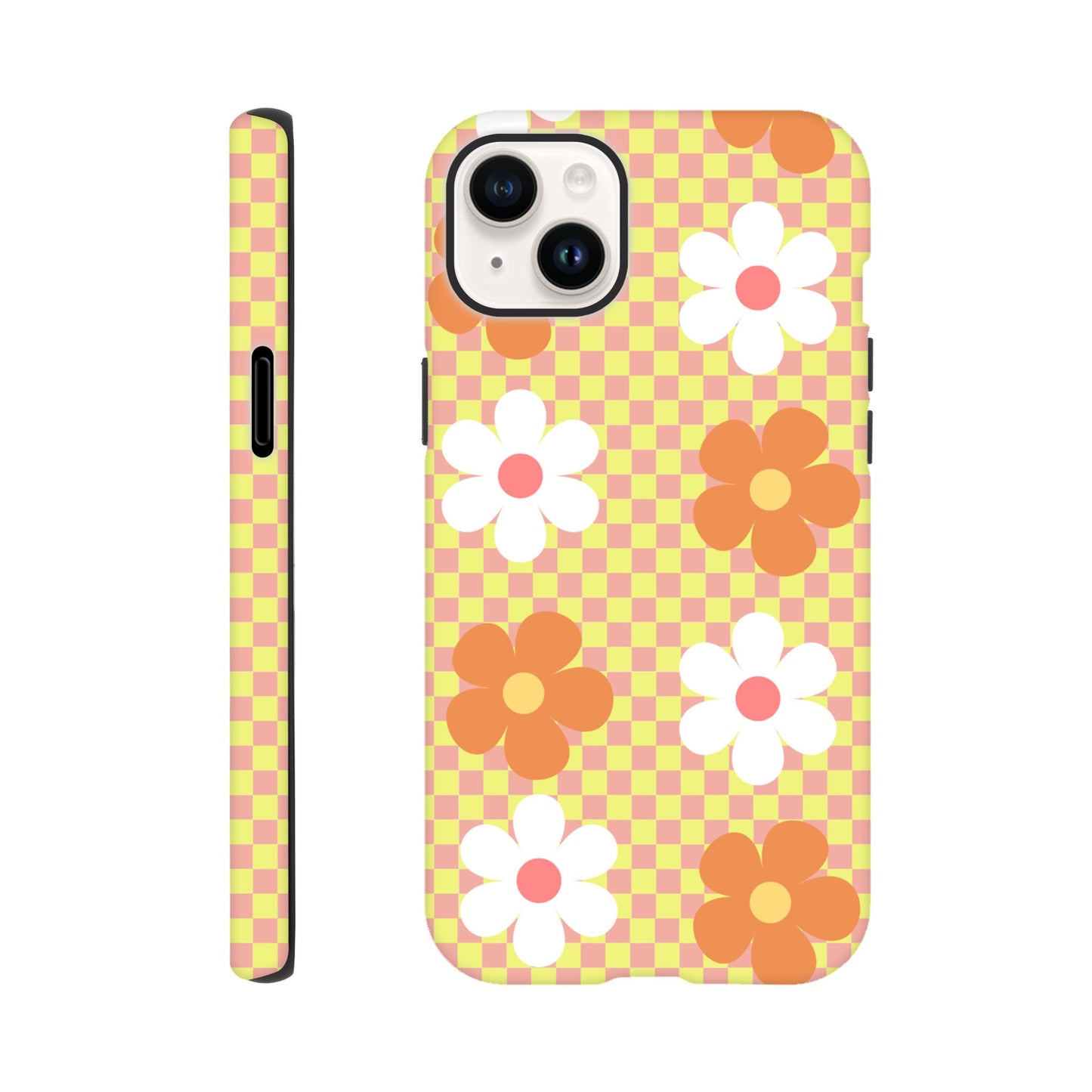 Blossom Blocks tough phone case with floral checkerboard pattern