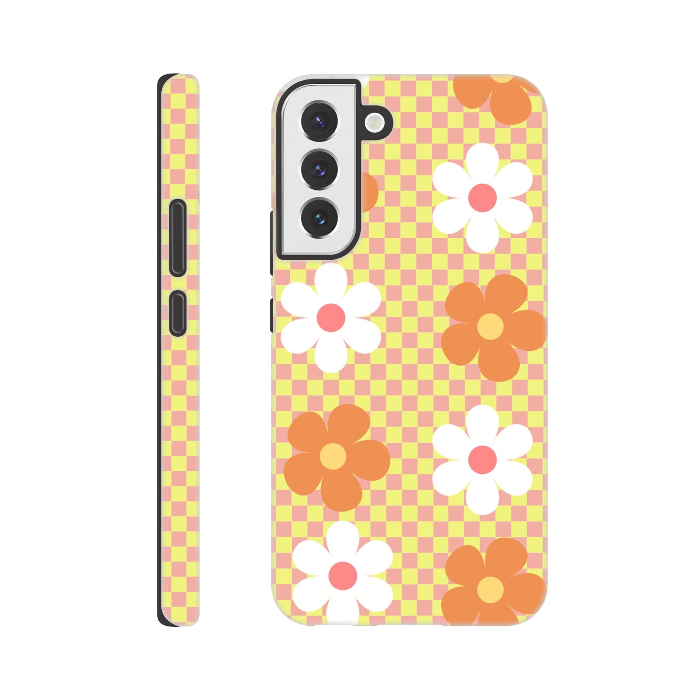 Blossom Blocks tough phone case with floral checkerboard pattern