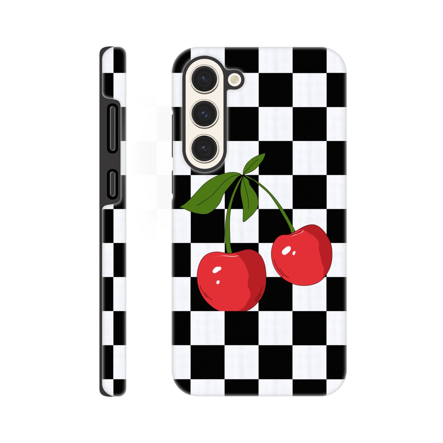 Cherry Checkmate phone case back view with playful cherry illustration