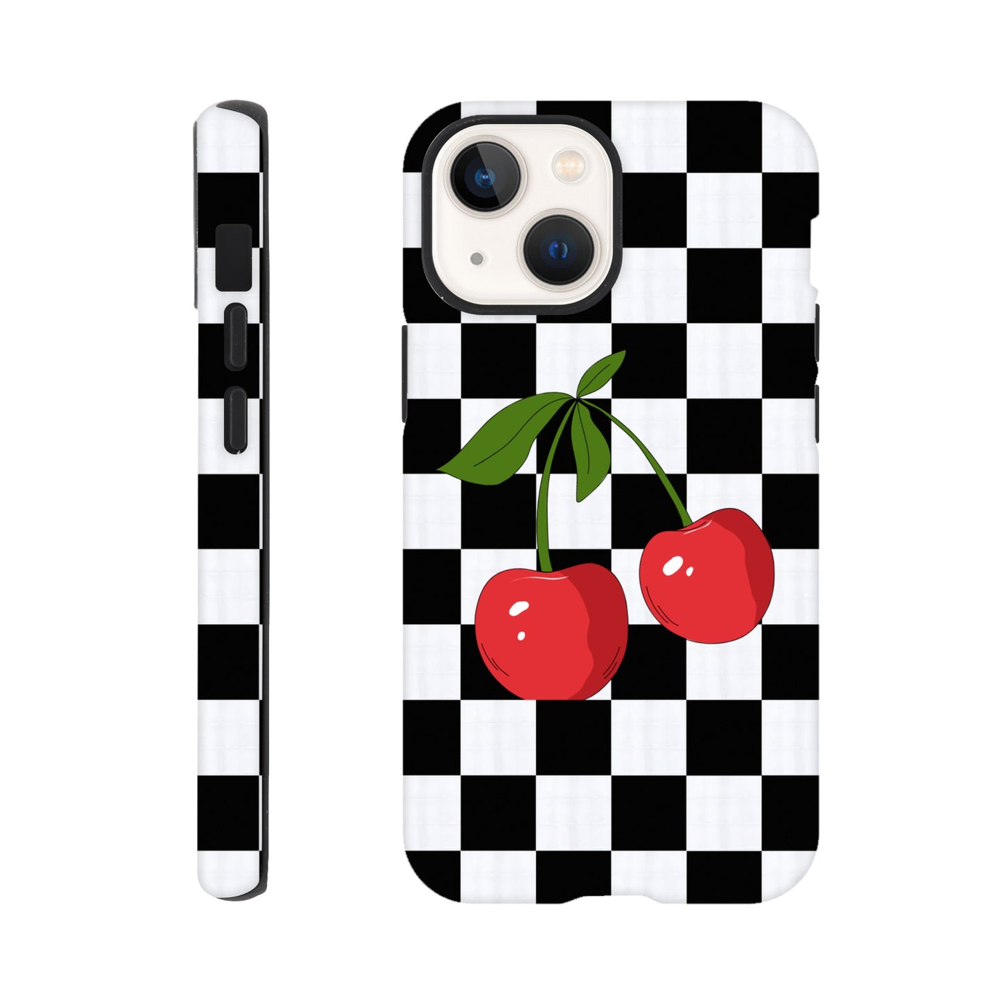 Cherry Checkmate phone case back view with playful cherry illustration