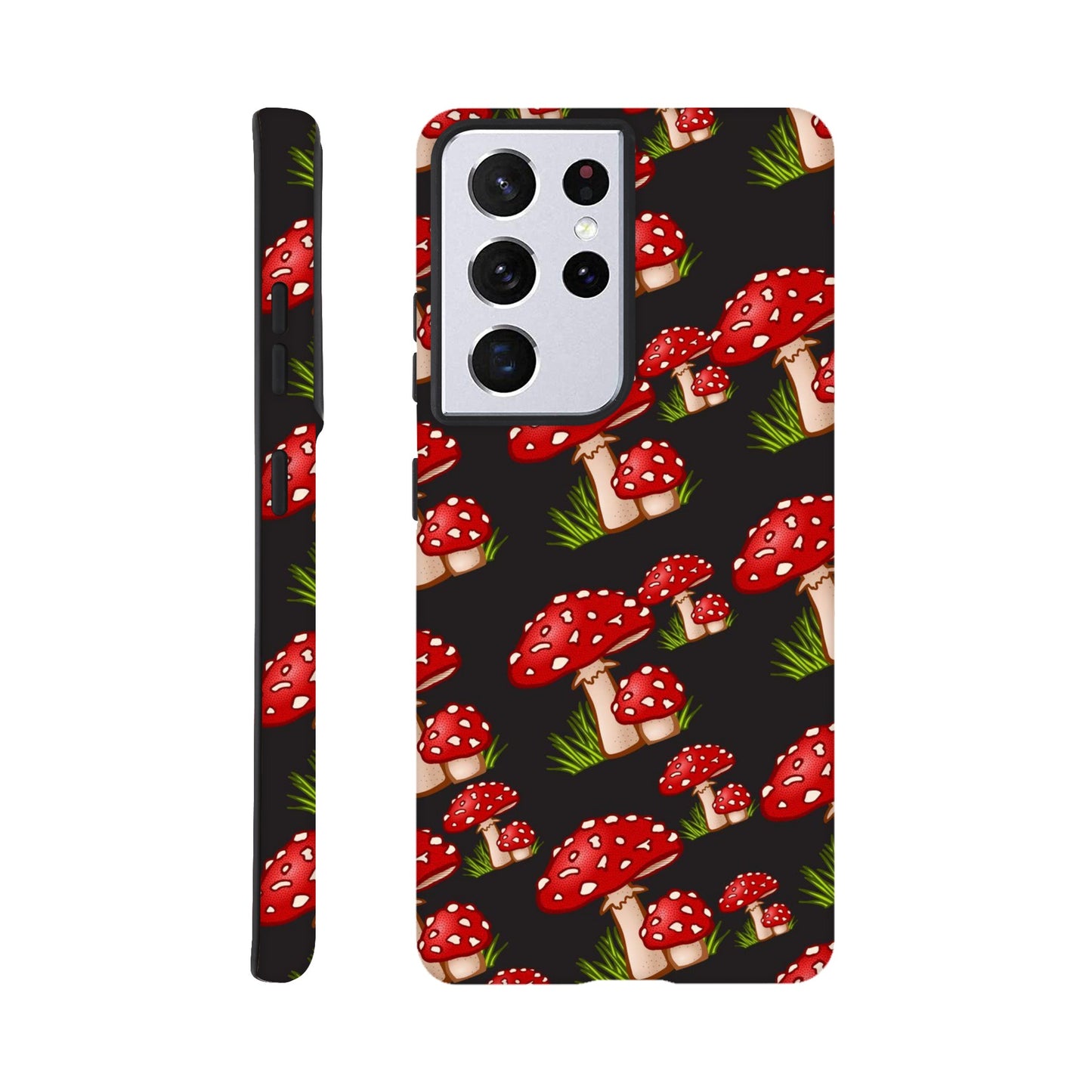 Fungi Fantasy phone case back view with vibrant mushroom illustrations