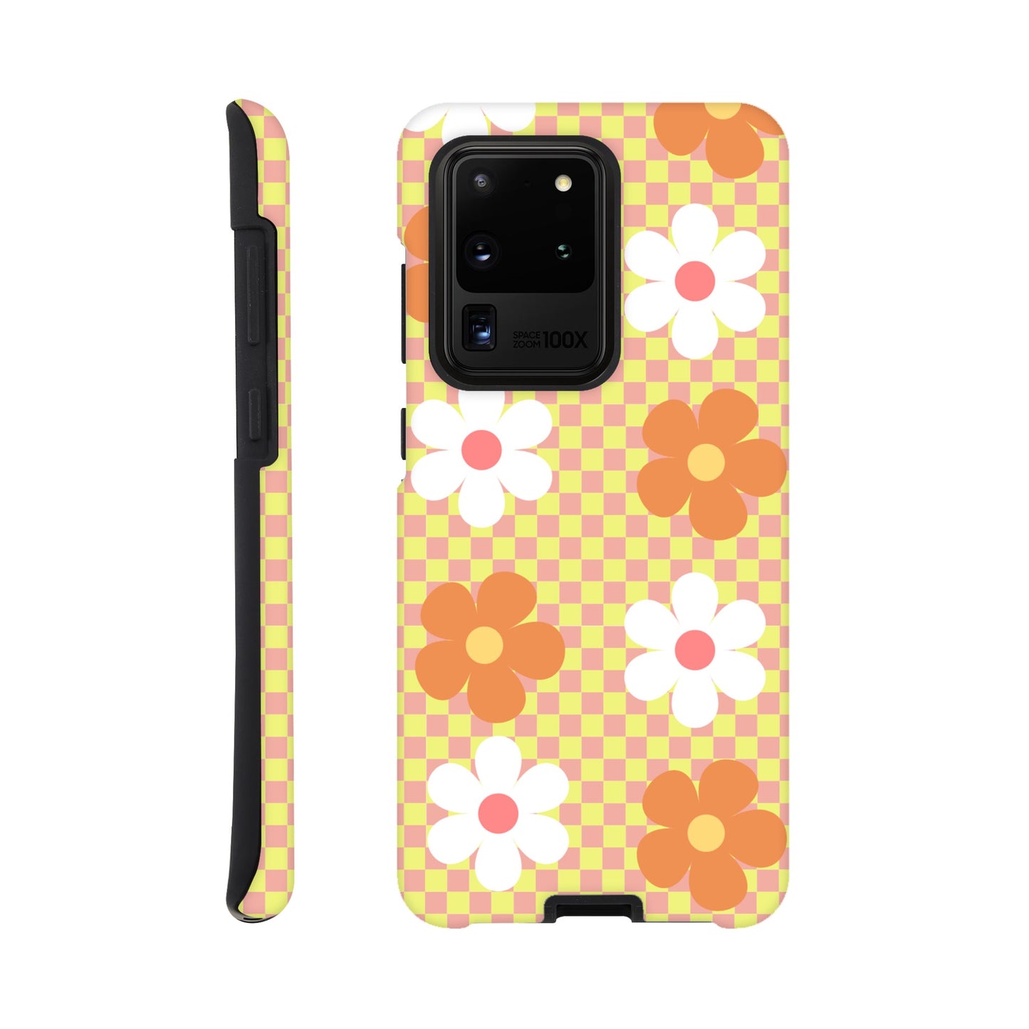 Blossom Blocks phone case back view with colorful flower pattern