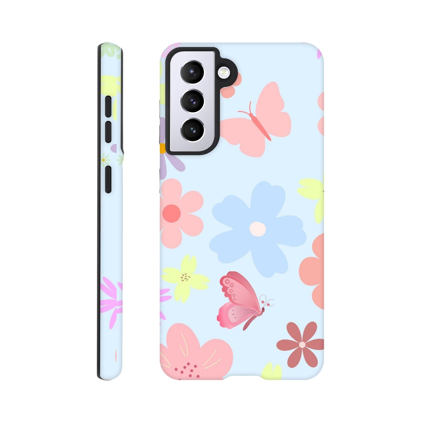 Butterfly Blossom phone case back view with colorful flower and butterfly illustrations