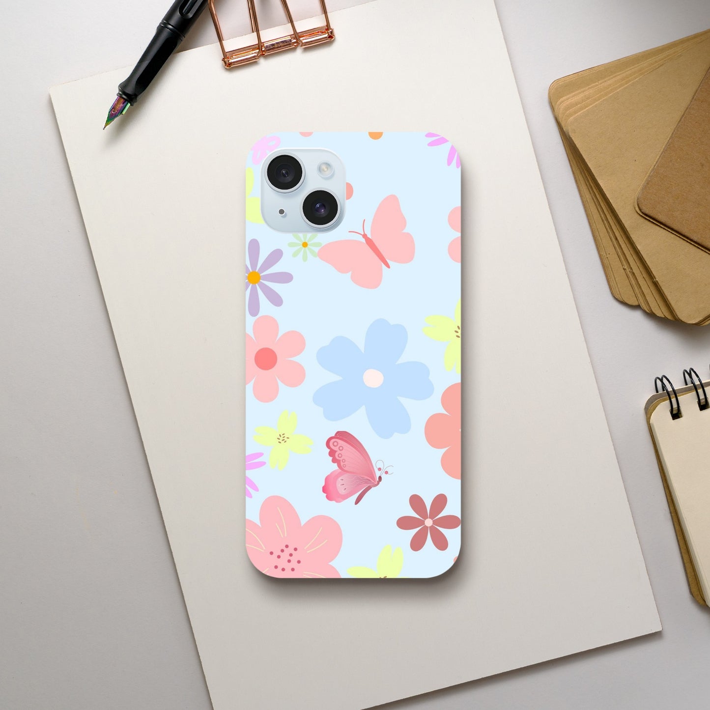 Butterfly Blossom phone case back view with colorful flower and butterfly illustrations