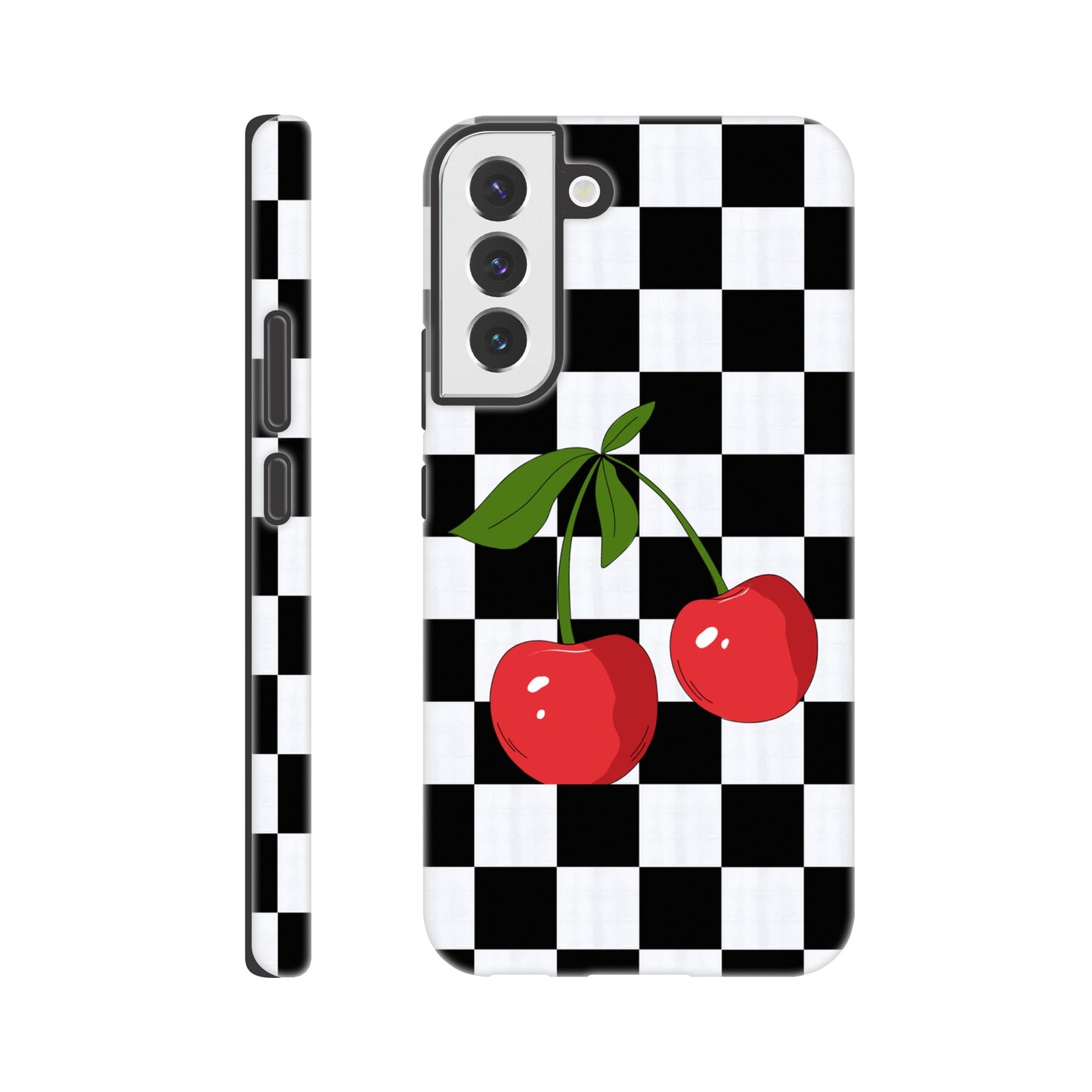 Cherry Checkmate tough phone case with cherry and checkerboard pattern front view