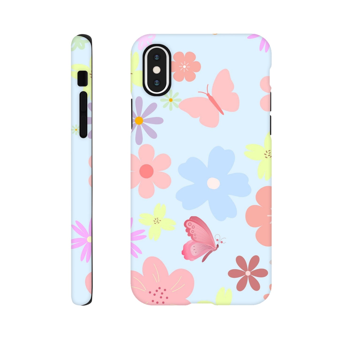 Butterfly Blossom phone case back view with colorful flower and butterfly illustrations