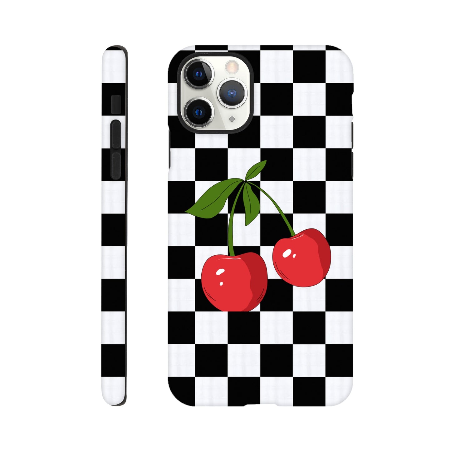 Cherry Checkmate phone case back view with playful cherry illustration