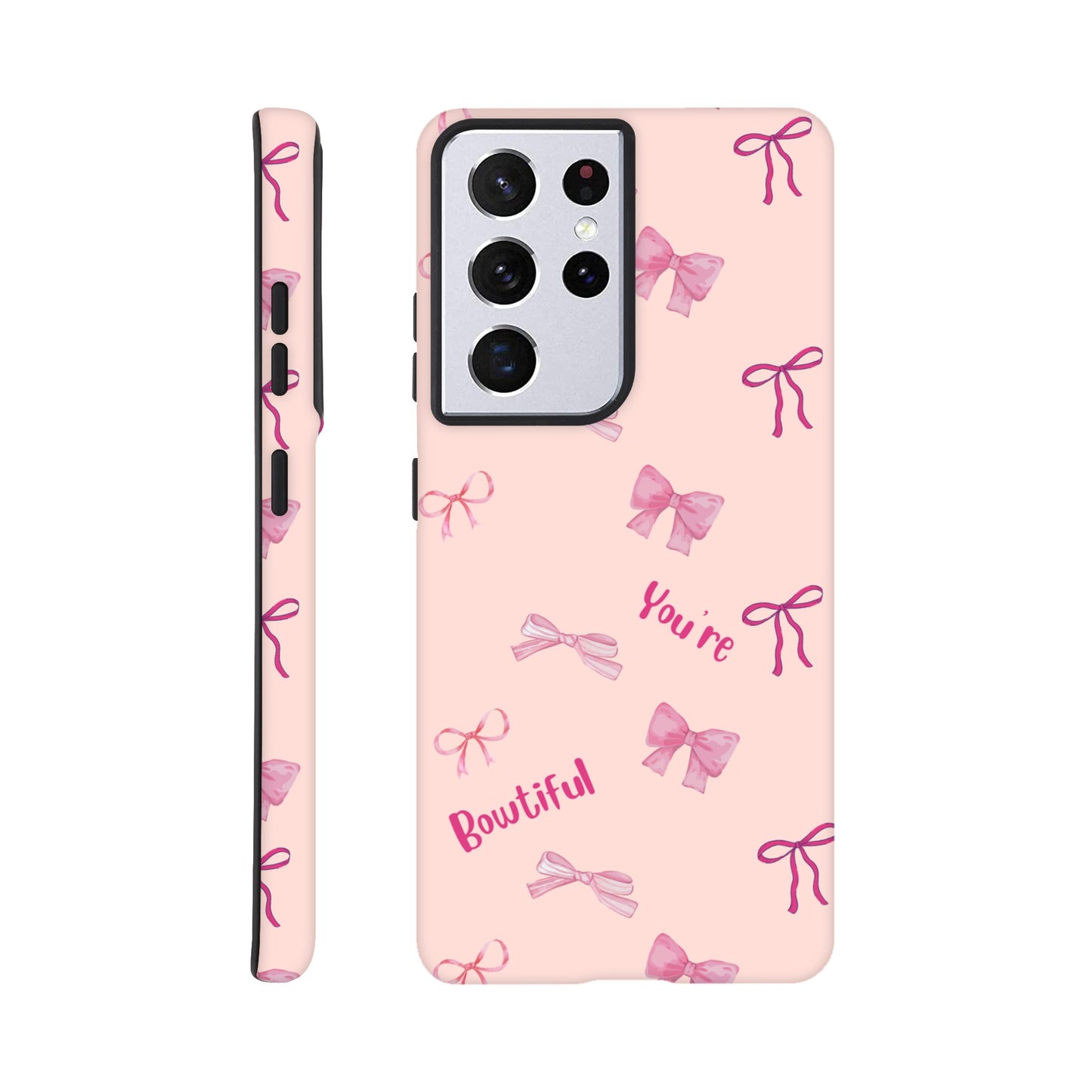 Bowtiful Bliss phone case back view with inspirational message and bow illustrations