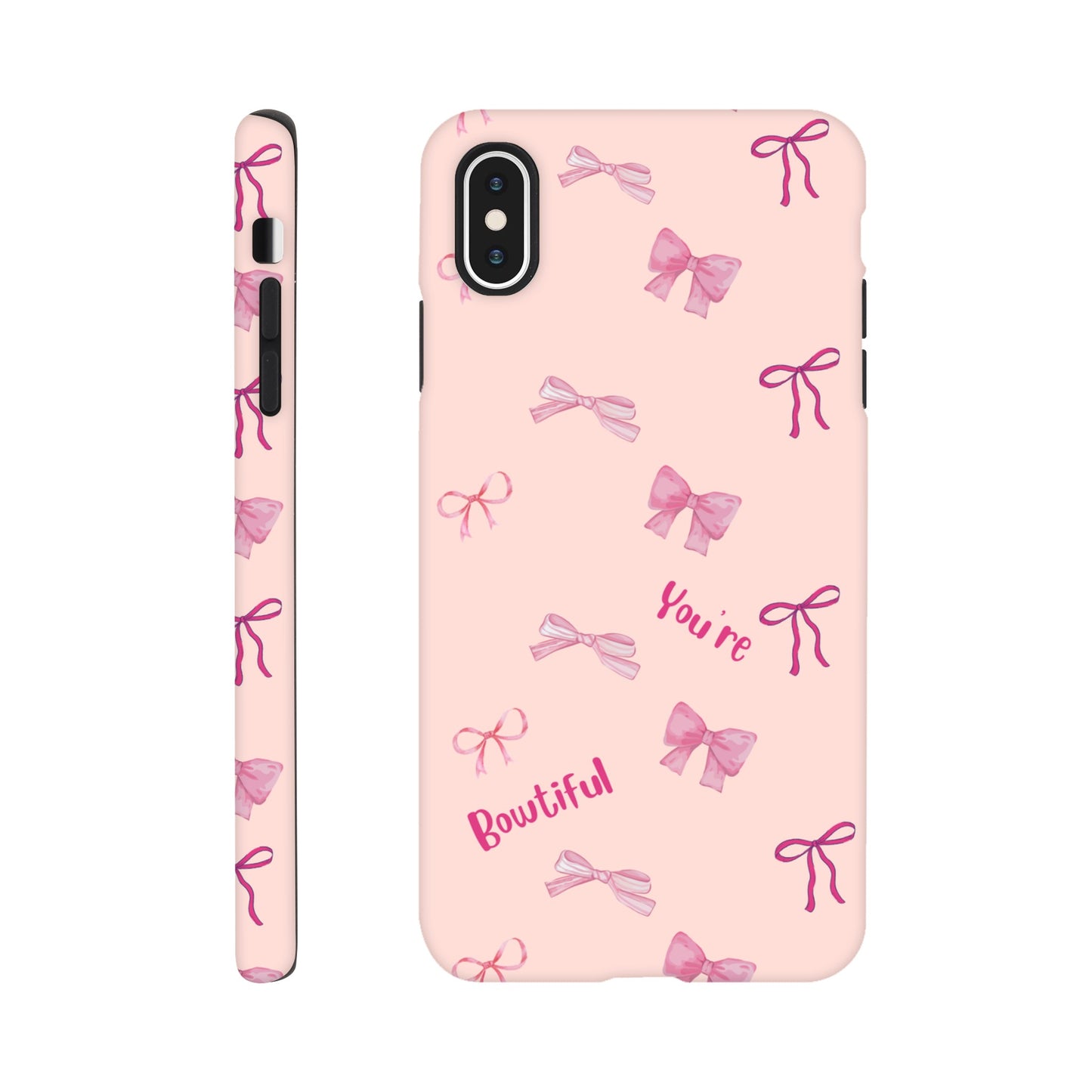 Bowtiful Bliss phone case back view with inspirational message and bow illustrations