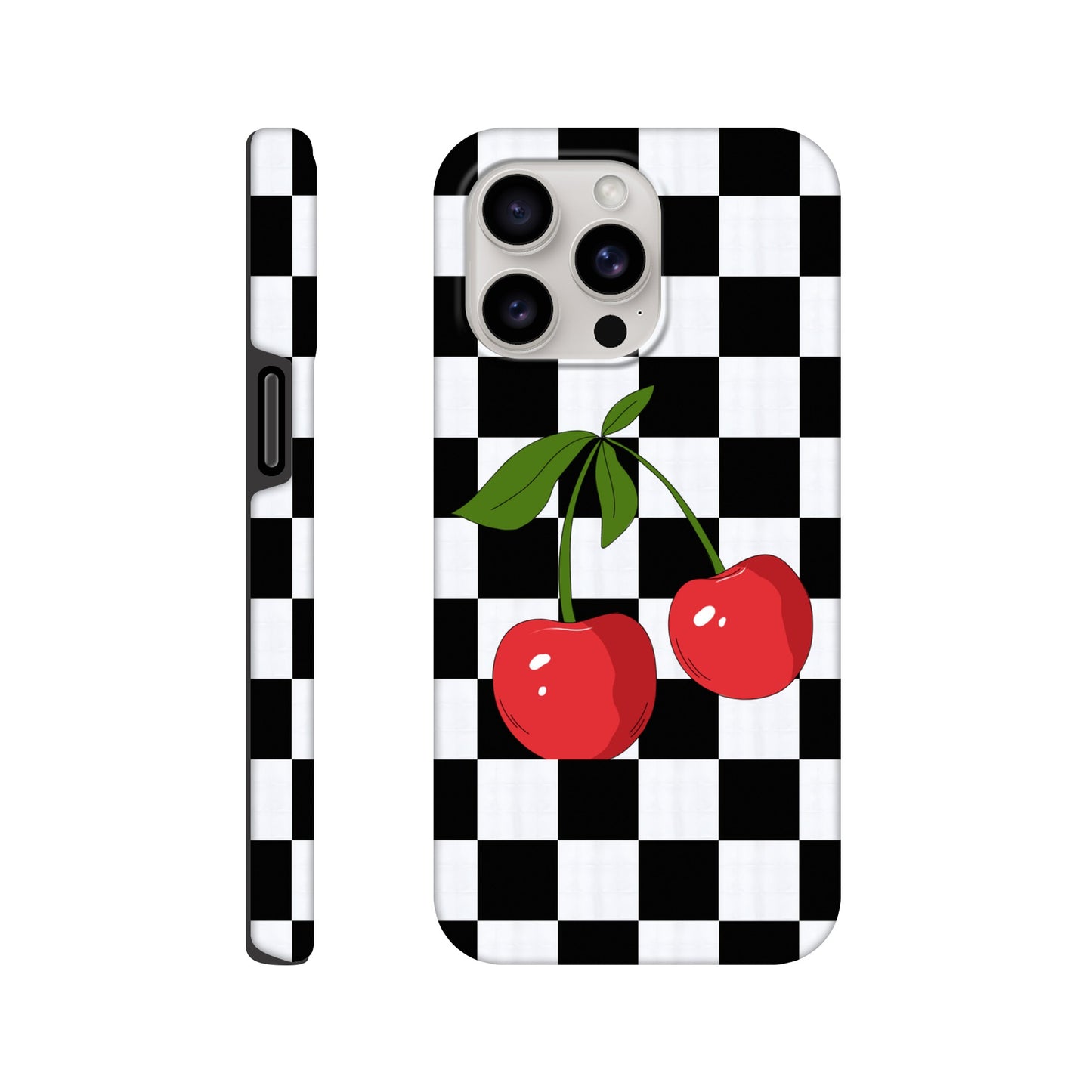 Cherry Checkmate phone case back view with playful cherry illustration