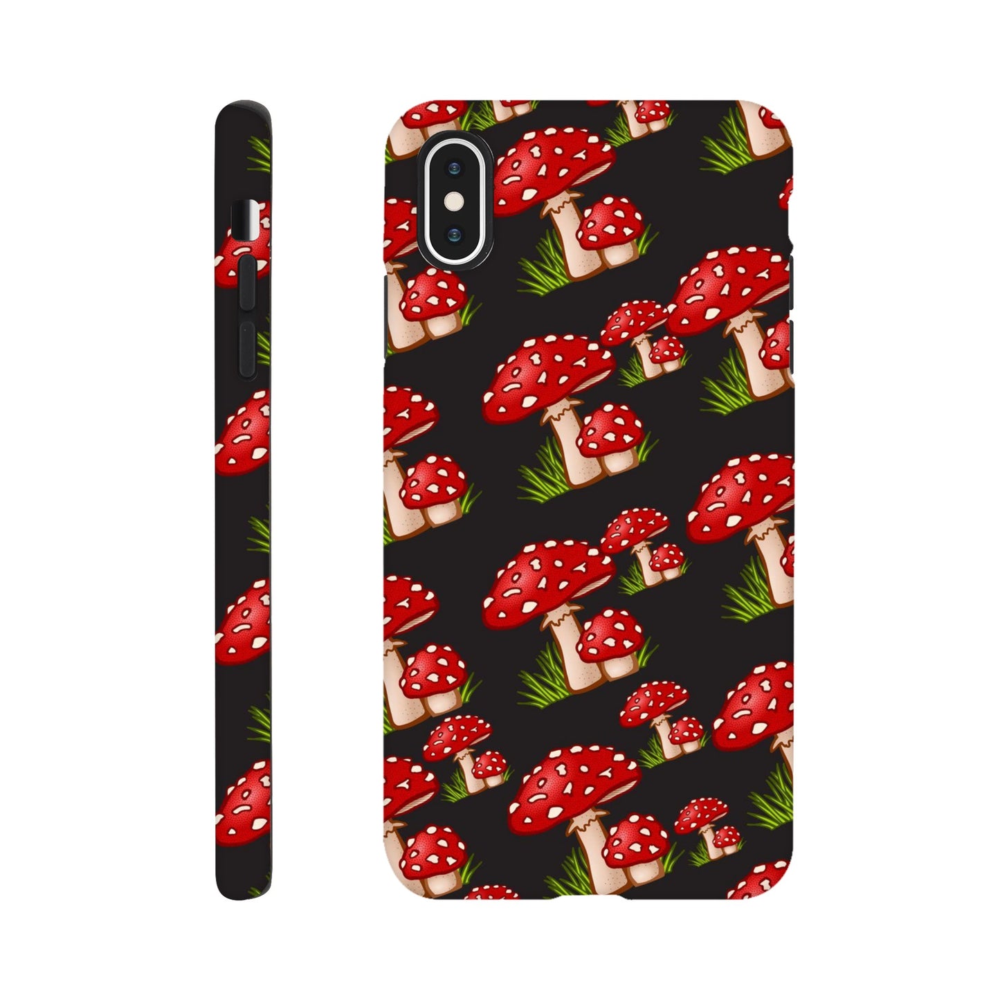 Fungi Fantasy phone case back view with vibrant mushroom illustrations