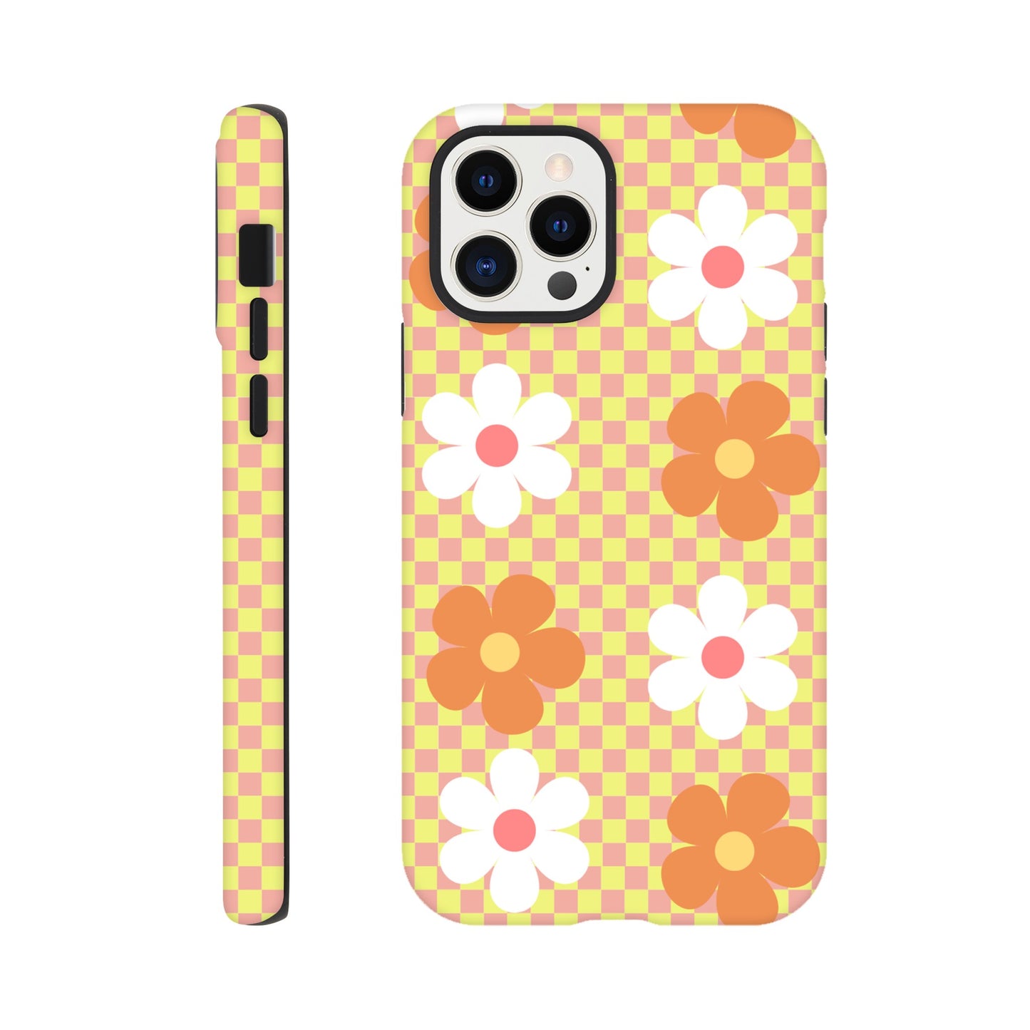 Blossom Blocks tough phone case with floral checkerboard pattern