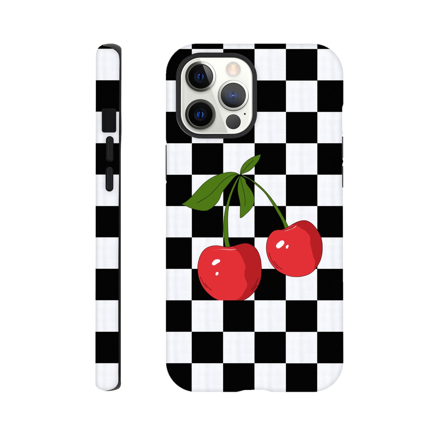 Cherry Checkmate phone case back view with playful cherry illustration