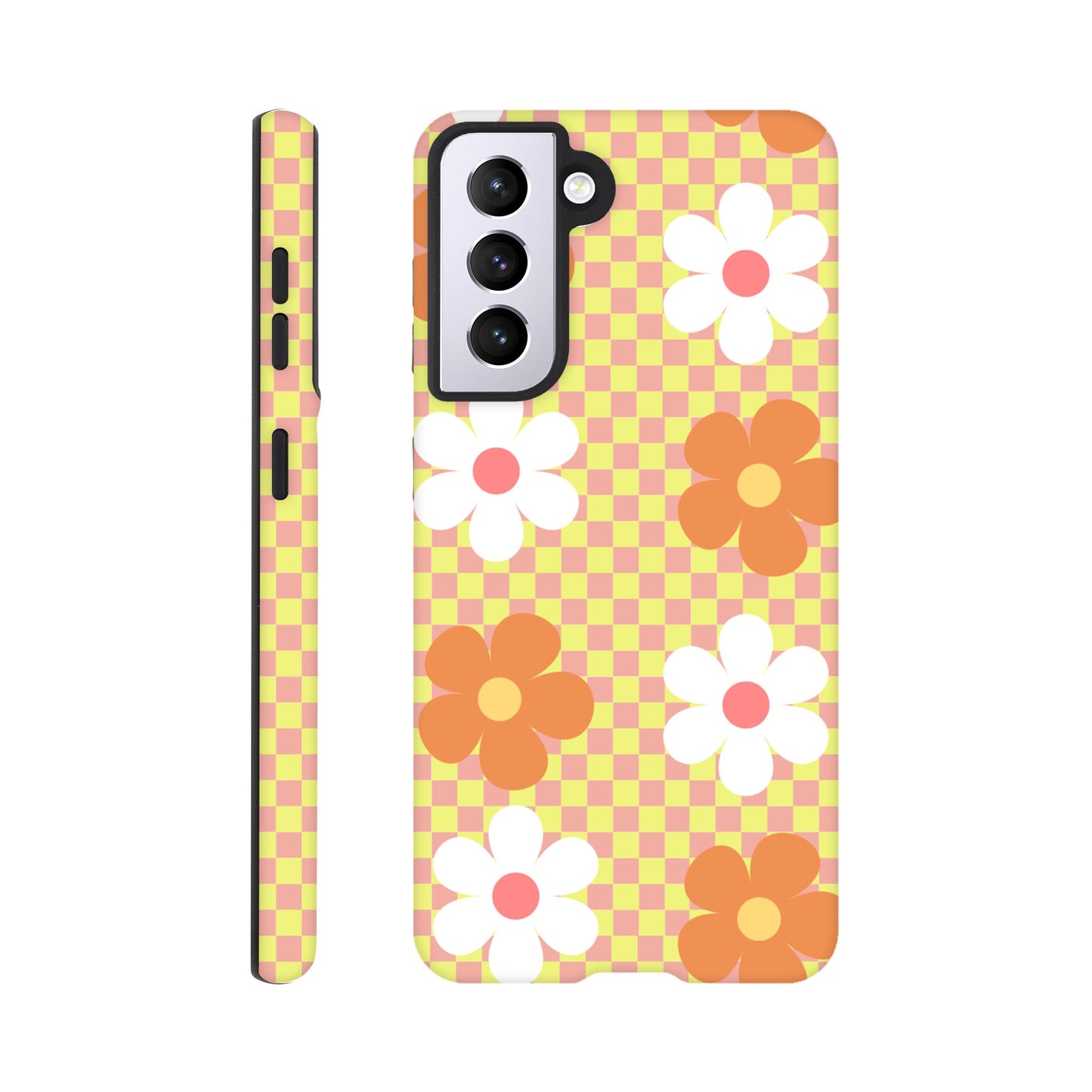 Blossom Blocks phone case back view with colorful flower pattern