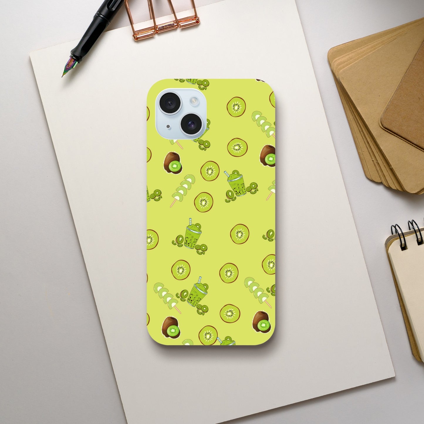 Kiwi Kicks phone case back view with vibrant kiwi illustrations