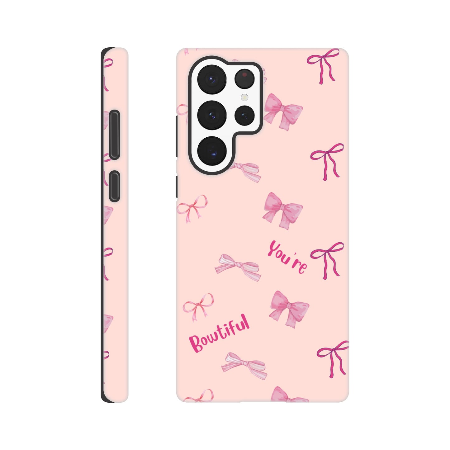 Bowtiful Bliss phone case back view with inspirational message and bow illustrations