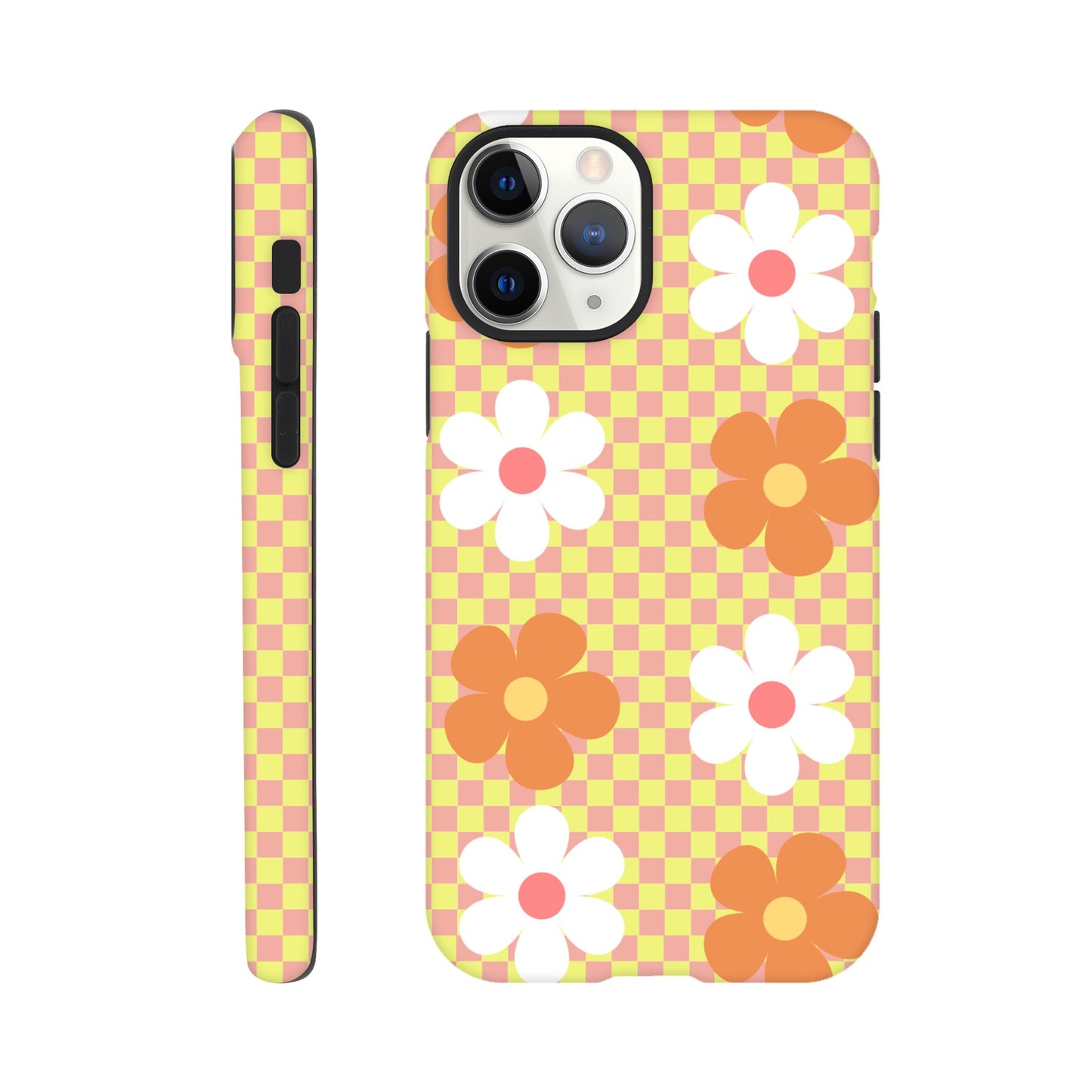 Blossom Blocks phone case back view with colorful flower pattern