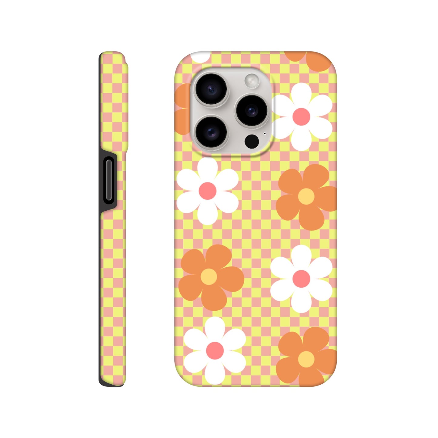 Blossom Blocks tough phone case with floral checkerboard pattern