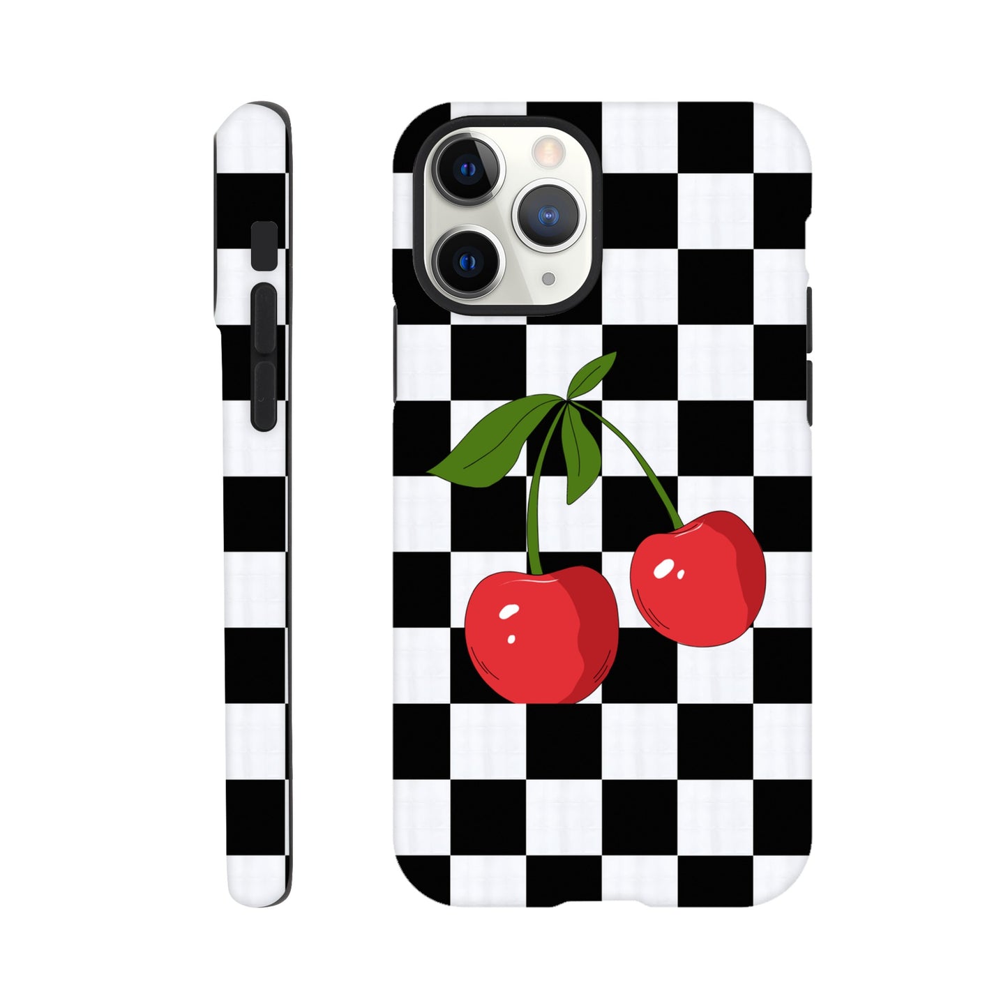 Cherry Checkmate tough phone case with cherry and checkerboard pattern front view