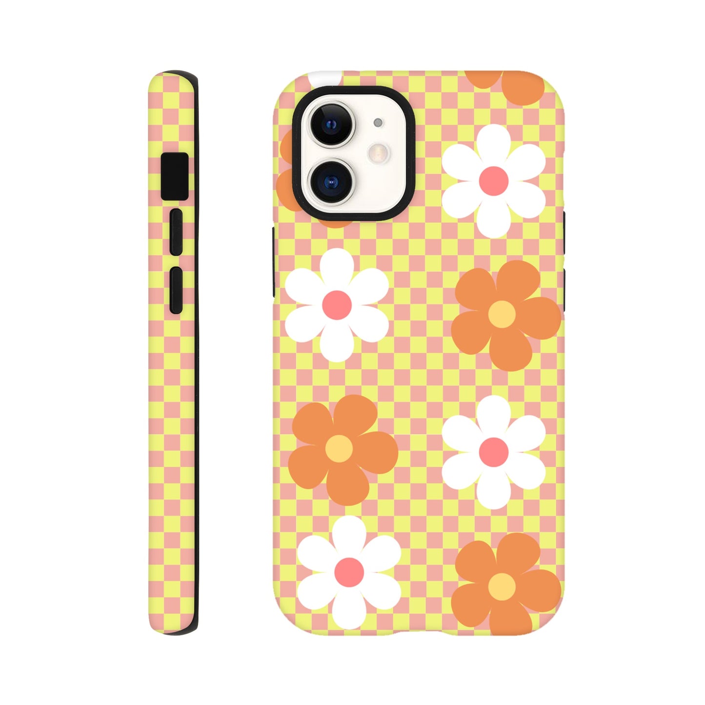 Blossom Blocks tough phone case with floral checkerboard pattern