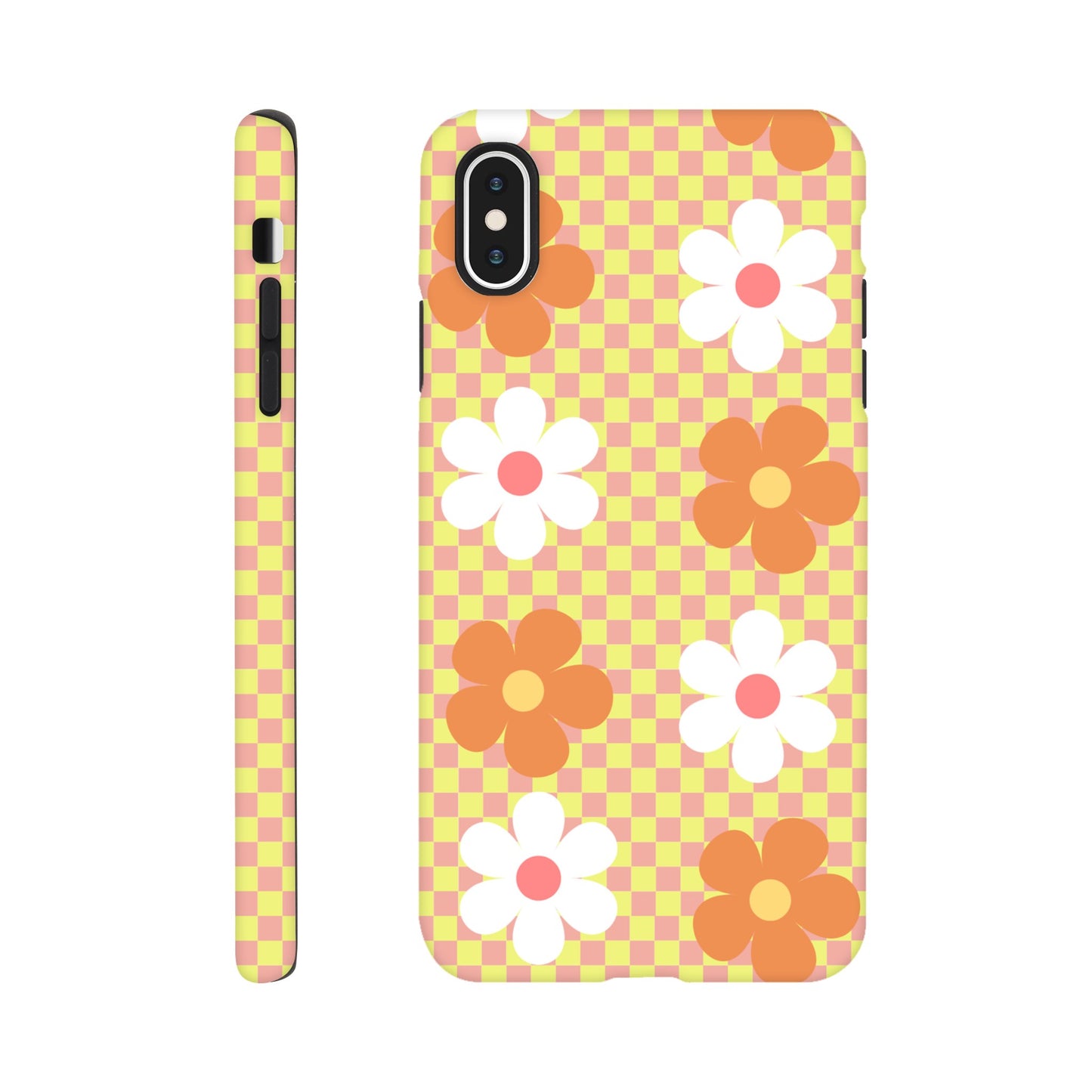 Blossom Blocks phone case back view with colorful flower pattern