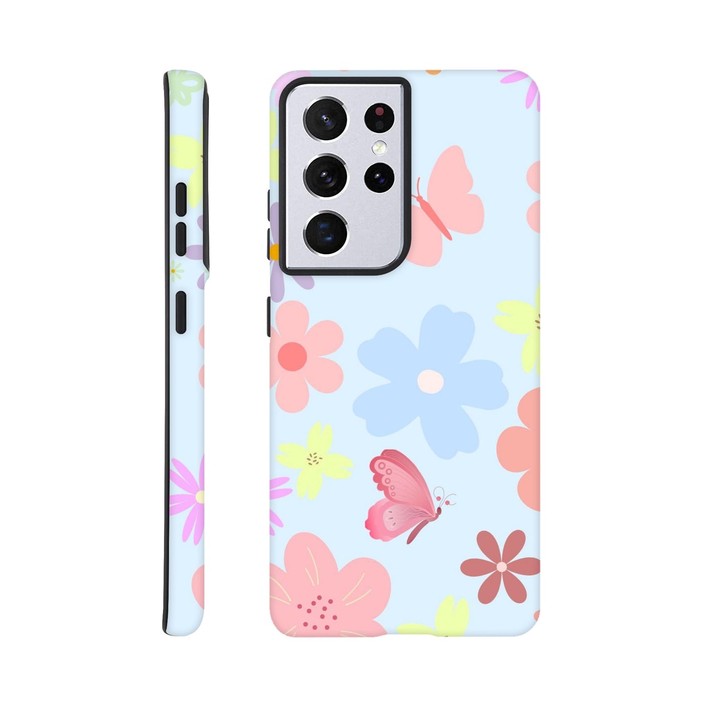 Butterfly Blossom phone case back view with colorful flower and butterfly illustrations