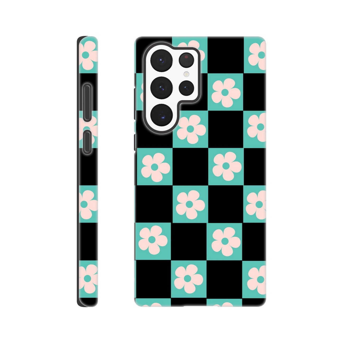 Floral checkered tough phone case with dual-layer protection