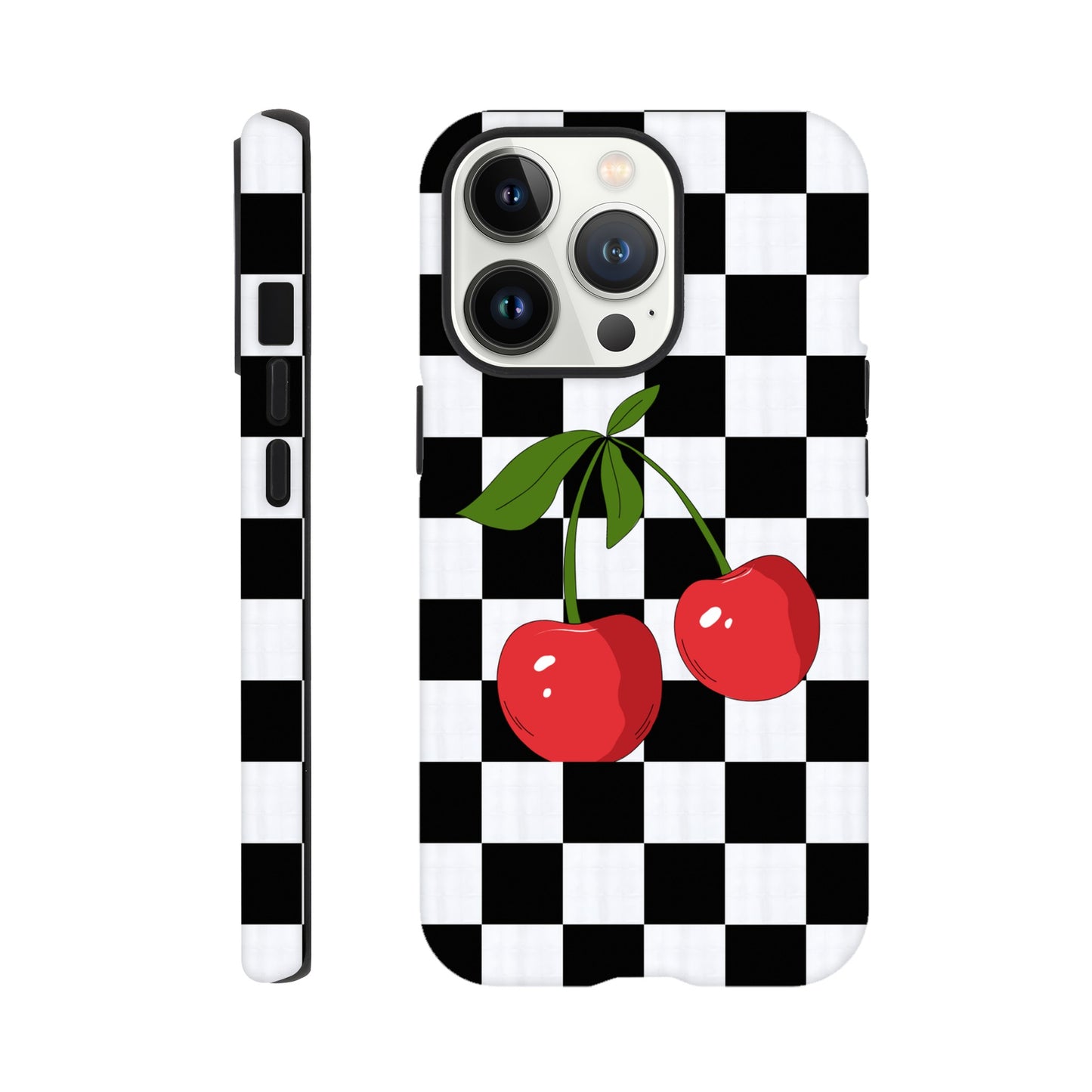 Cherry Checkmate phone case back view with playful cherry illustration