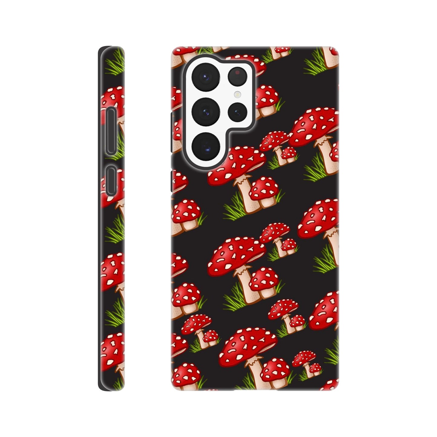 Fungi Fantasy phone case back view with vibrant mushroom illustrations