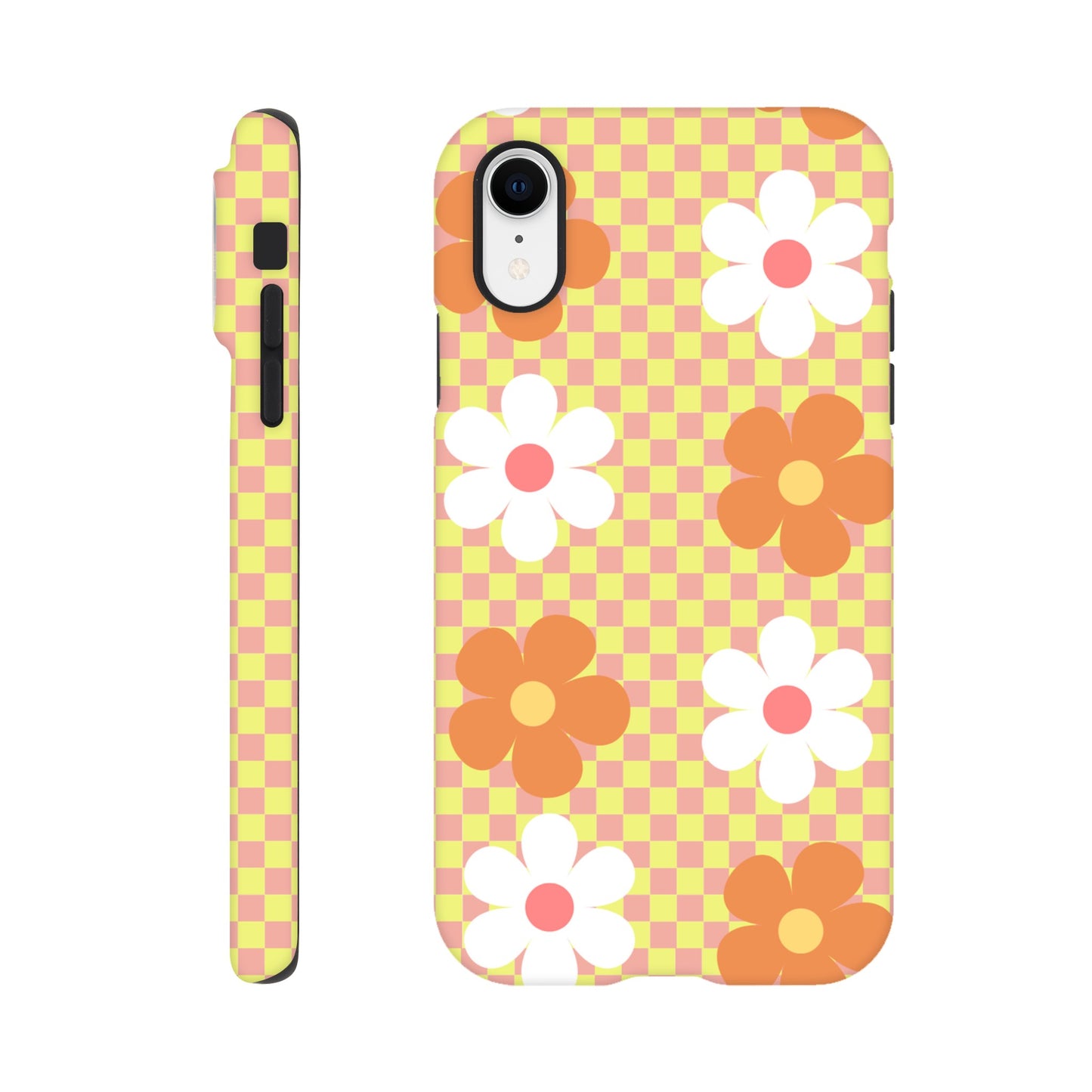 Blossom Blocks tough phone case with floral checkerboard pattern