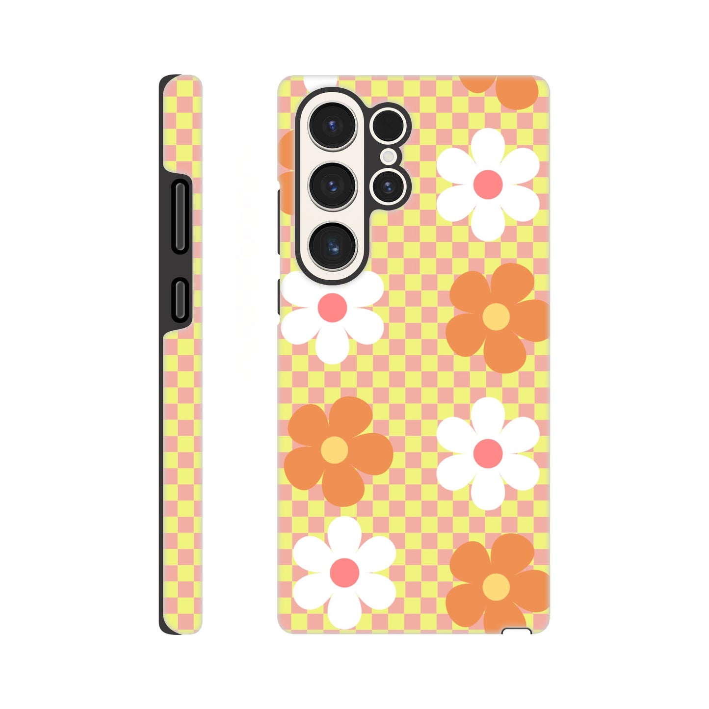 Blossom Blocks tough phone case with floral checkerboard pattern