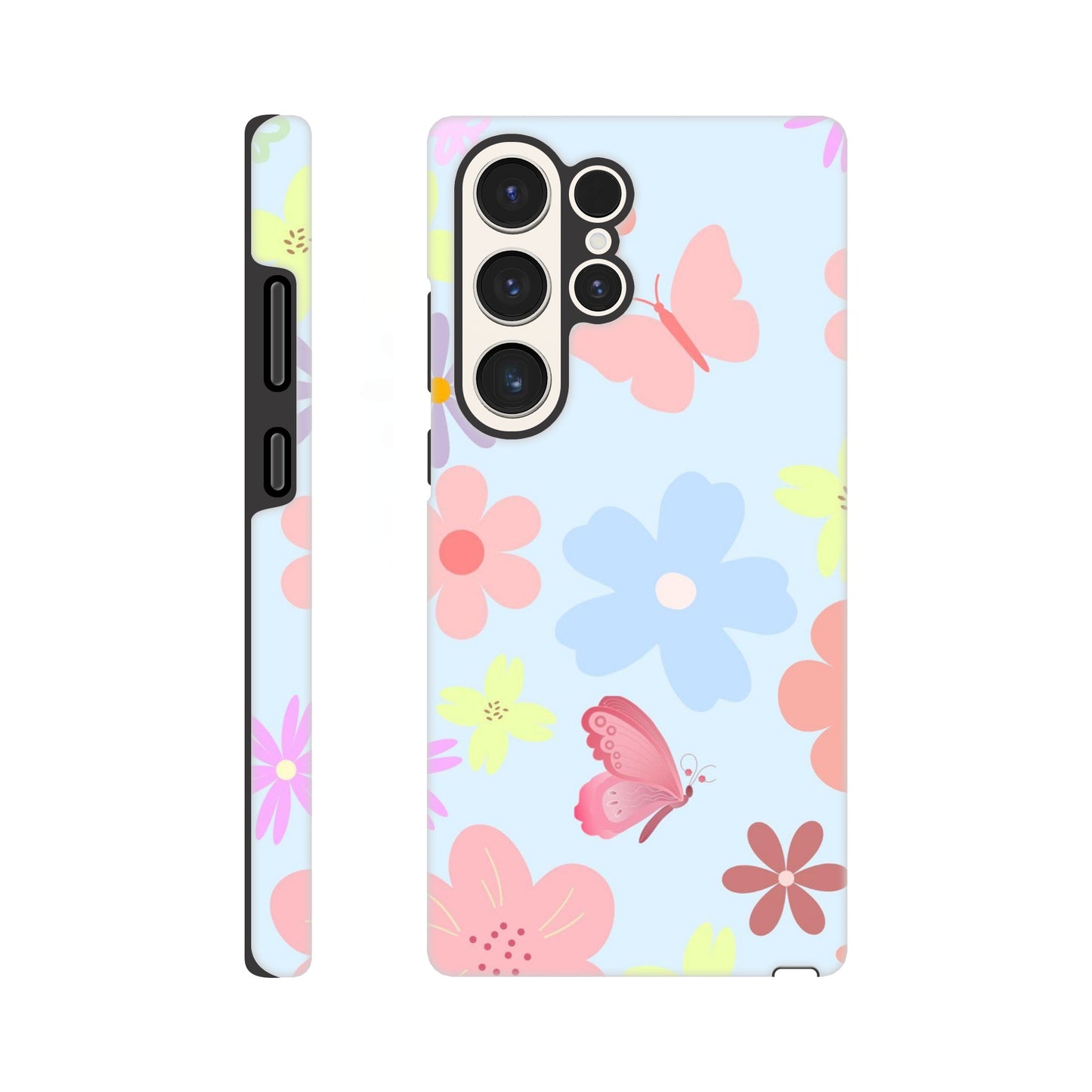 Butterfly Blossom phone case back view with colorful flower and butterfly illustrations