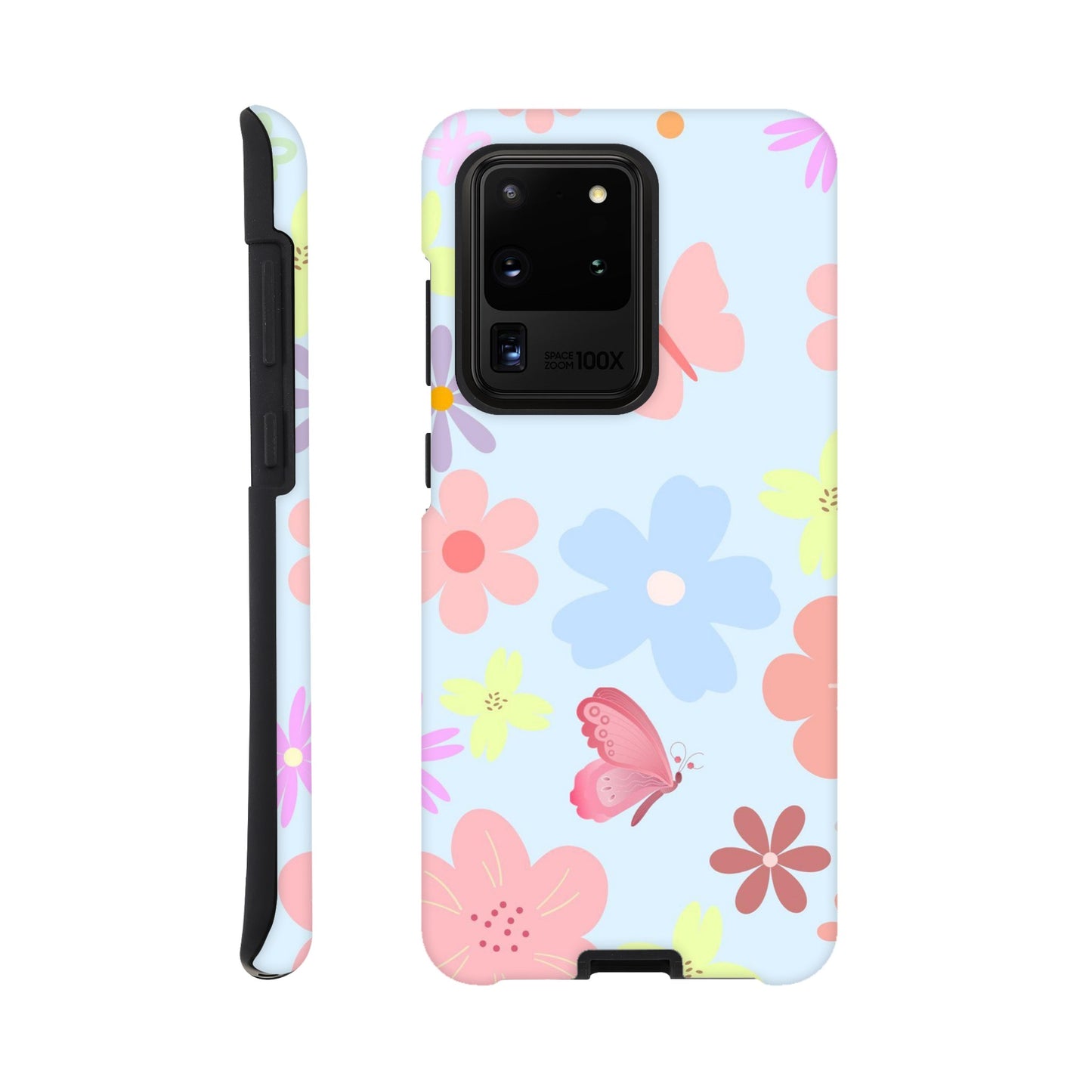 Butterfly Blossom phone case back view with colorful flower and butterfly illustrations