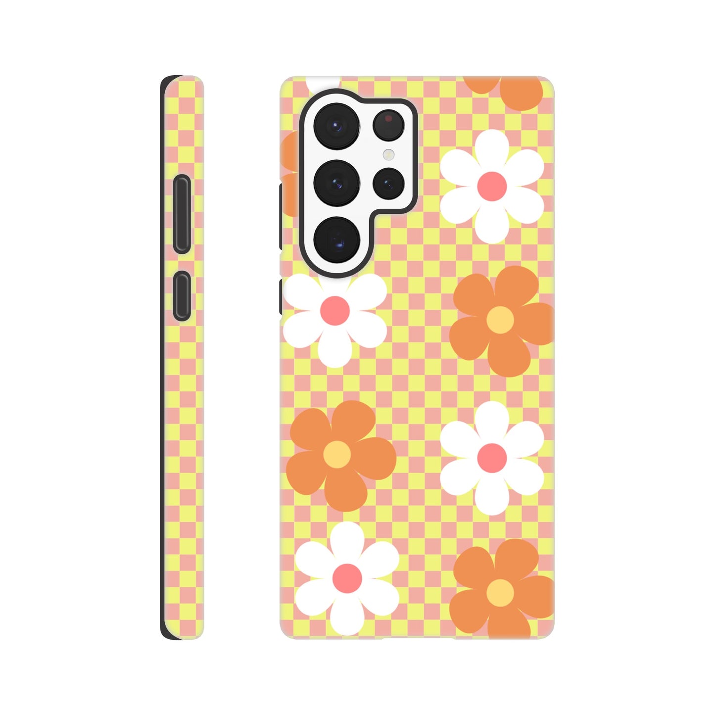 Blossom Blocks phone case back view with colorful flower pattern