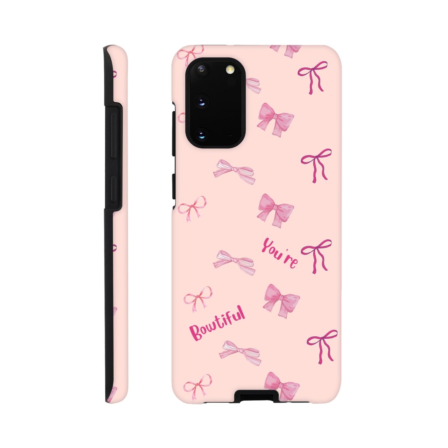 Bowtiful Bliss phone case back view with inspirational message and bow illustrations