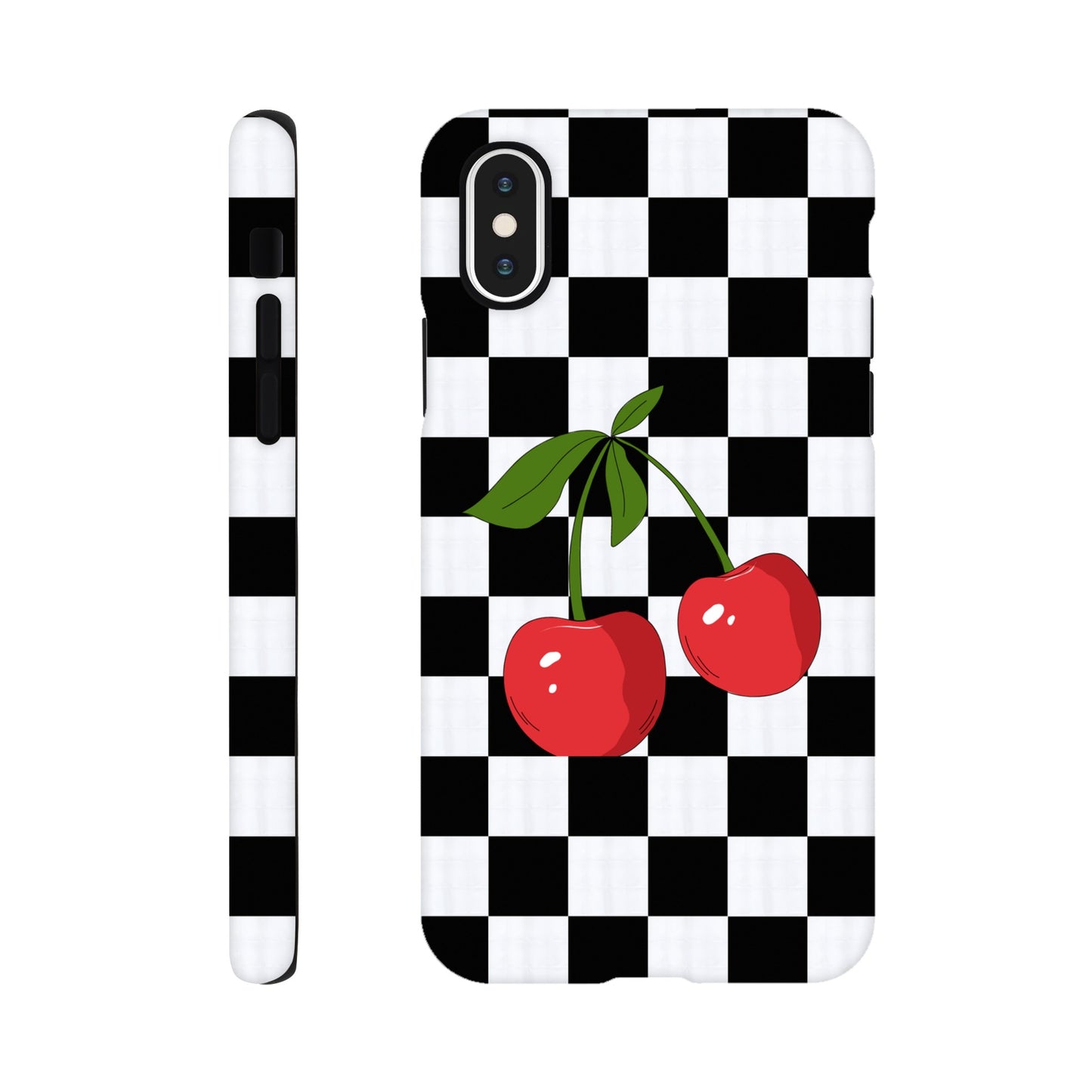 Cherry Checkmate phone case back view with playful cherry illustration