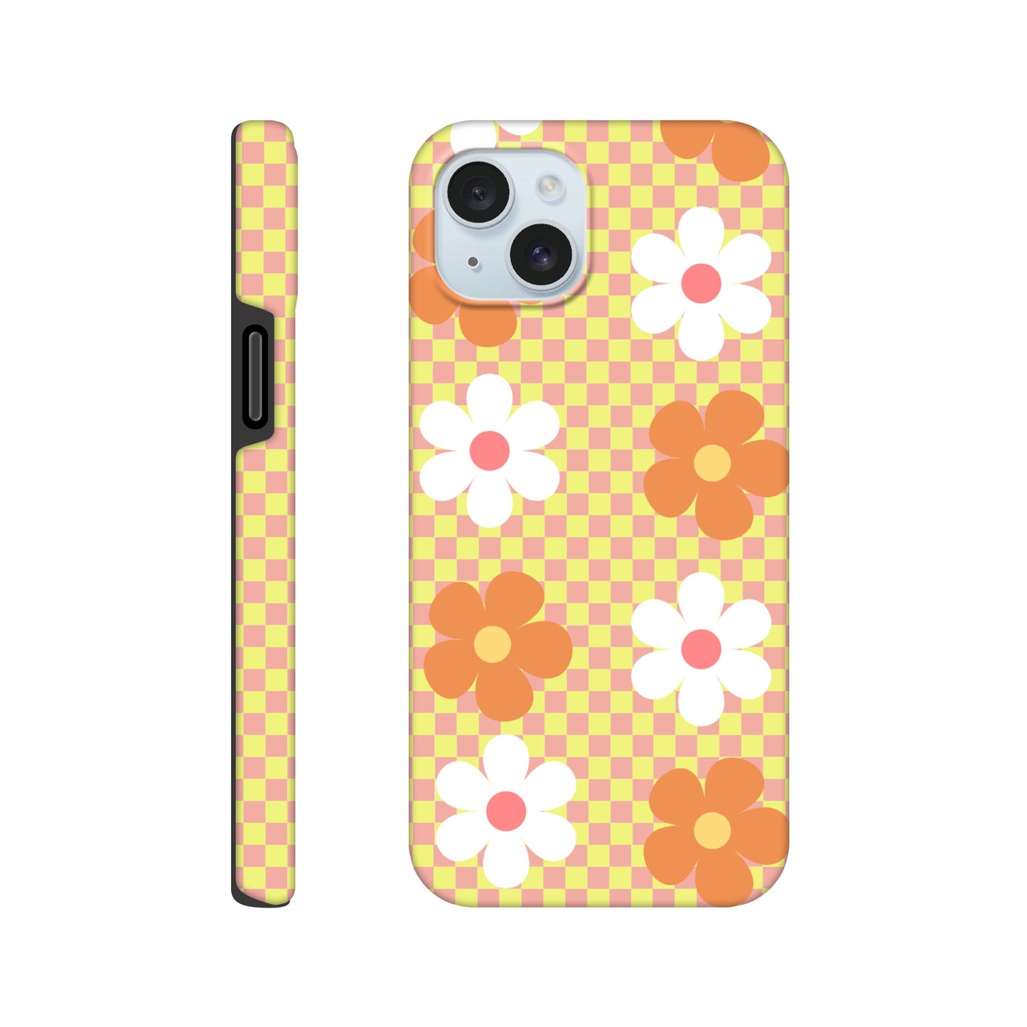 Blossom Blocks tough phone case with floral checkerboard pattern