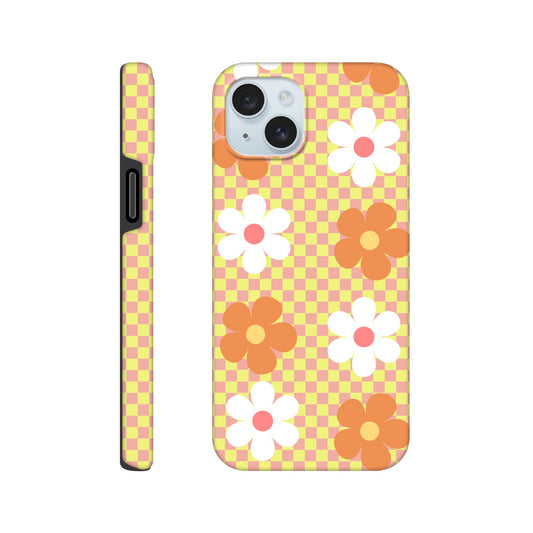 Blossom Blocks tough phone case with floral checkerboard pattern