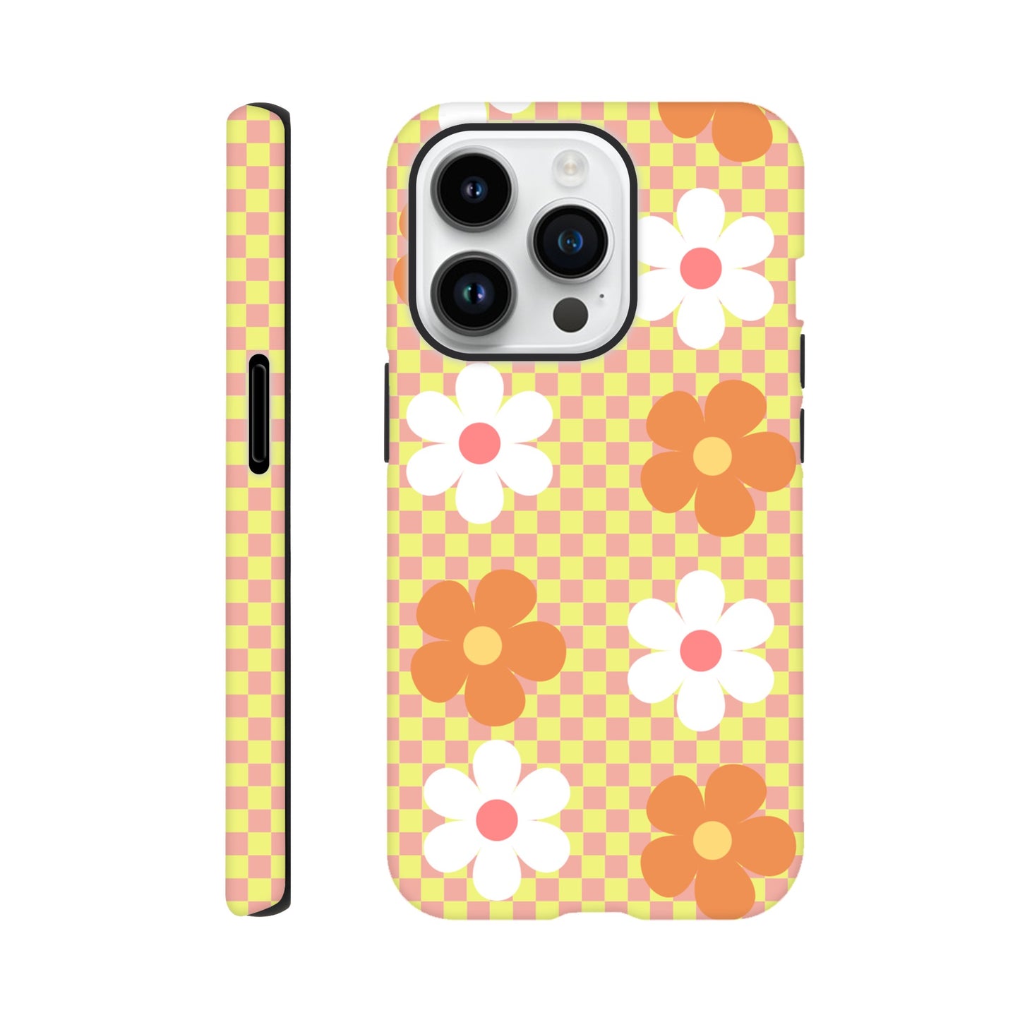 Blossom Blocks tough phone case with floral checkerboard pattern